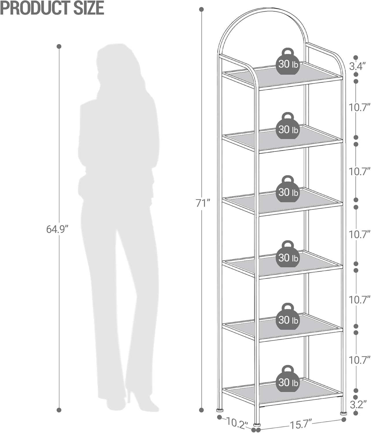 Hzuaneri Bookcase Bookshelf, Tempered Glass Bookshelves, Slim Shelving Unit for Bedroom, Bathroom, Home Office, Steel Frame, 6 Tier Gold BC10601G image number 6