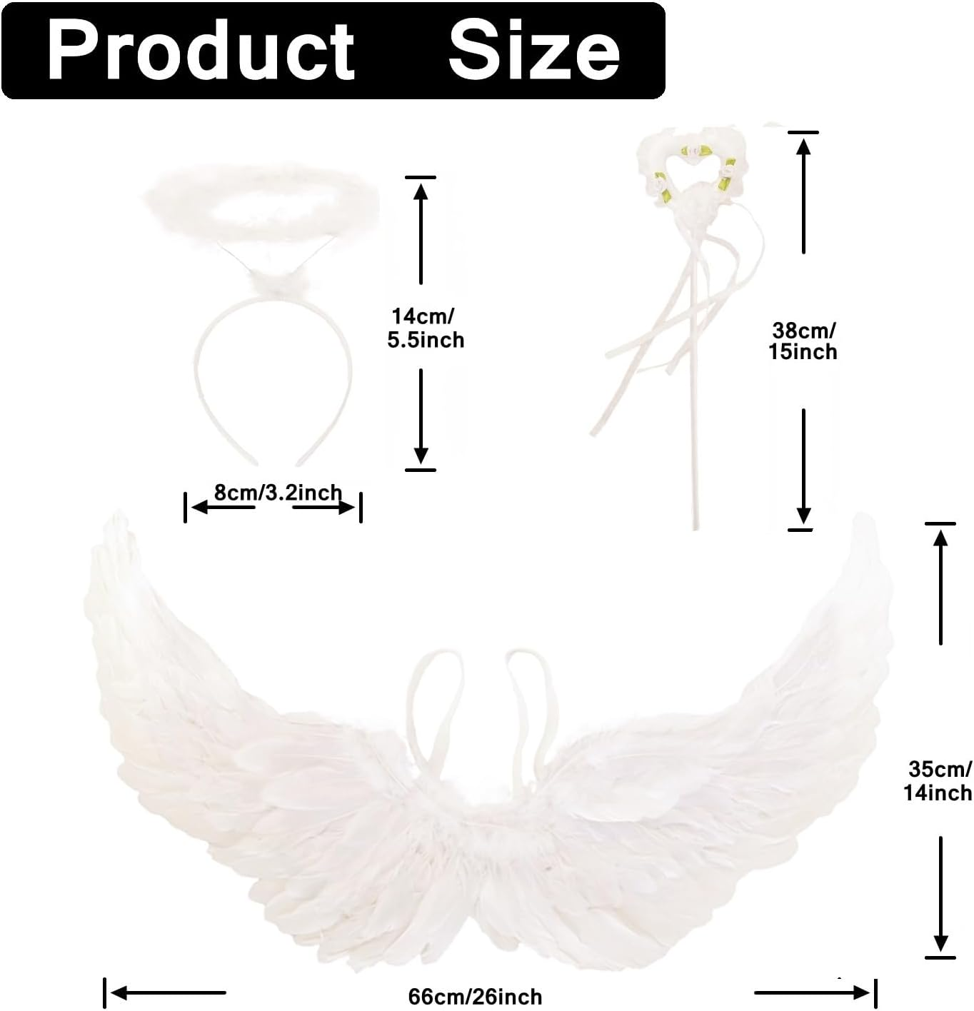Nishine 26X14 Inch Angel Feather Wing Halo and Wand Costume Set for Girls Cosplay Kids Women Halloween Party Favor image number 3