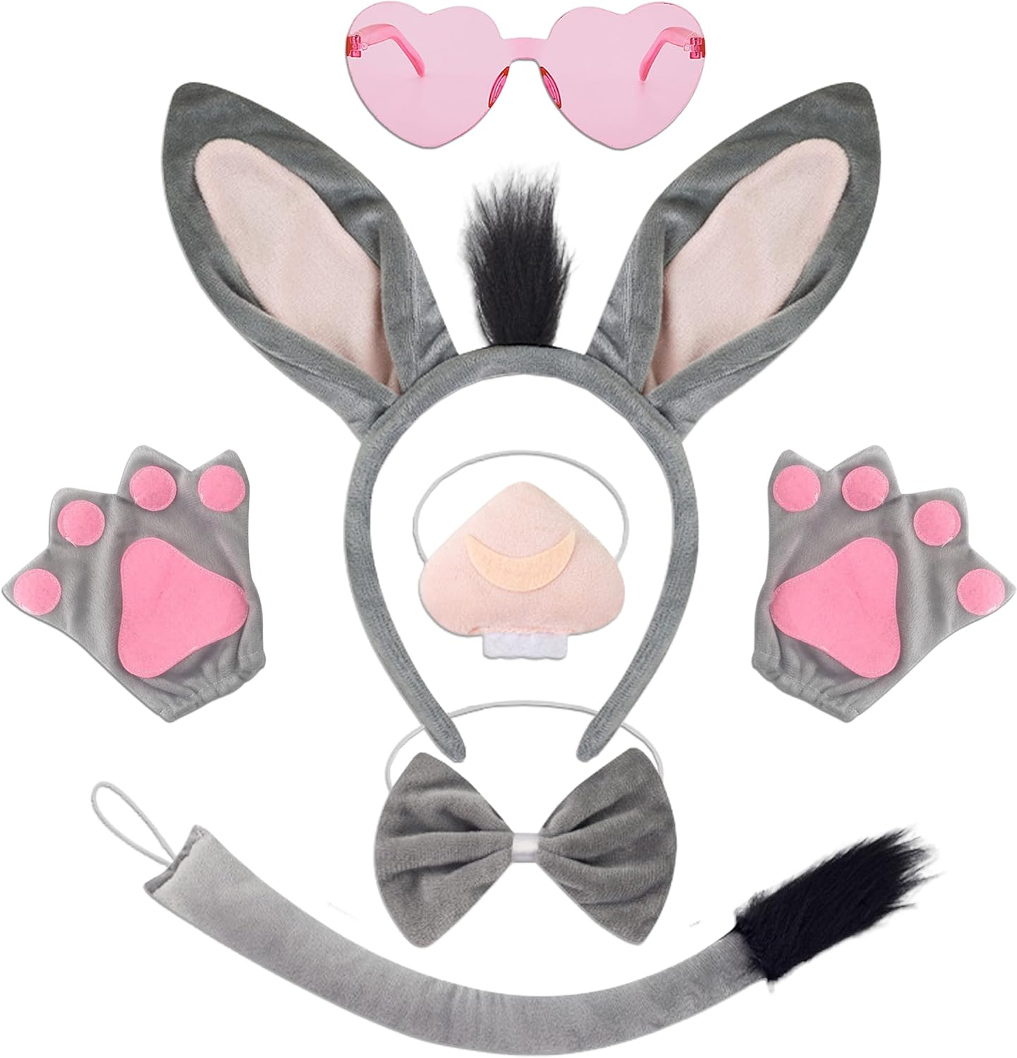 JIEYUMAO Donkey Costume Set, Donkey Costume Accessory for Women Men, Grey Donkeys Costumes with Donkeys Ears Headband Sunglasses Nose Tail Paws Bow Tie for Halloween Cosplay Party image number 6
