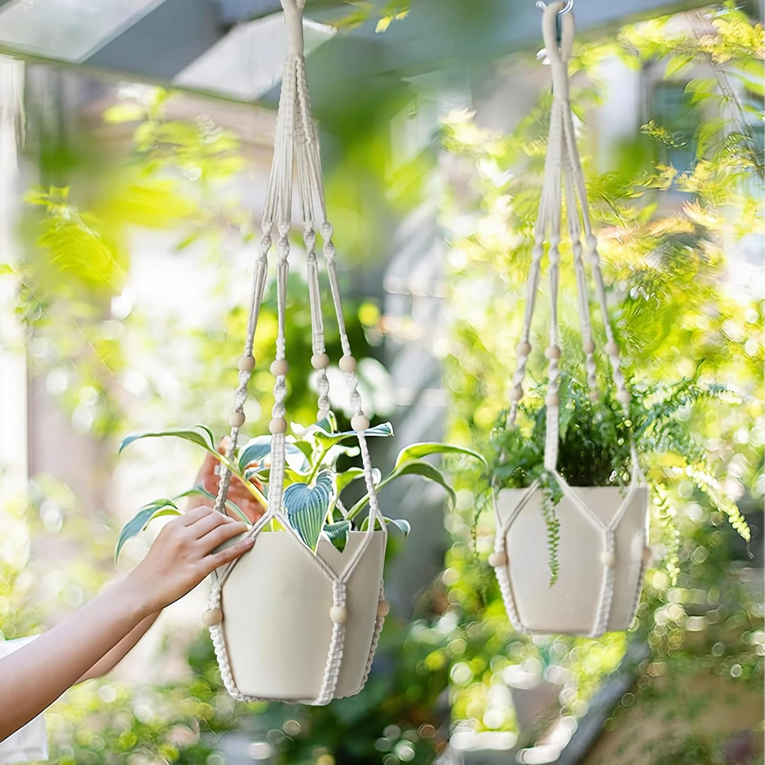 Macrame Plant Hanger Indoor Set of 2 with 4 Hooks, Indoor Outdoor Hanging Planter for Plants Holder with Decorative Wood Beads & No Tassels, Boho Home Decor, 35 Inch Ivory (Pots Not Included) image number 3