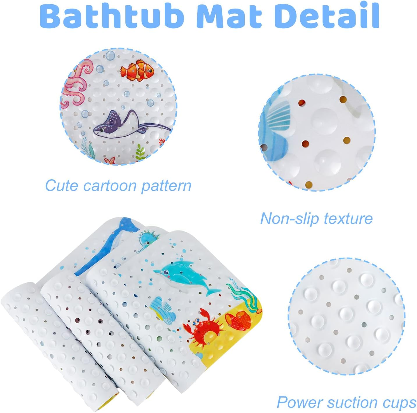 Shower Mat Bathtub Mat Non Slip, Extra Long Bath Mat for Tub with Drain Holes and Suction Cups, Machine Washable Wet Floor Non-Slip Elderly Kids Pregnant Women Bathroom 39 X 15 Inches (Blue Whale) image number 2