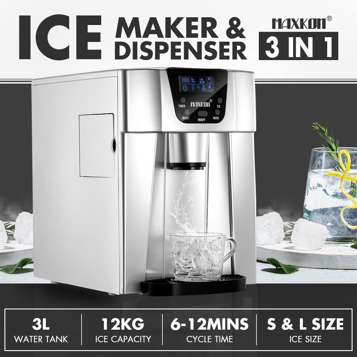 Maxkon Portable Ice Maker Countertop - 12Kg Ice in 24 Hrs, Cube Ready in 6-12 Mins, 3L Machine with Scoop, 2 Sizes of Bullet Ice, Water Dispenser for Home Commercial Fast Freezer - 12Kg image number 6