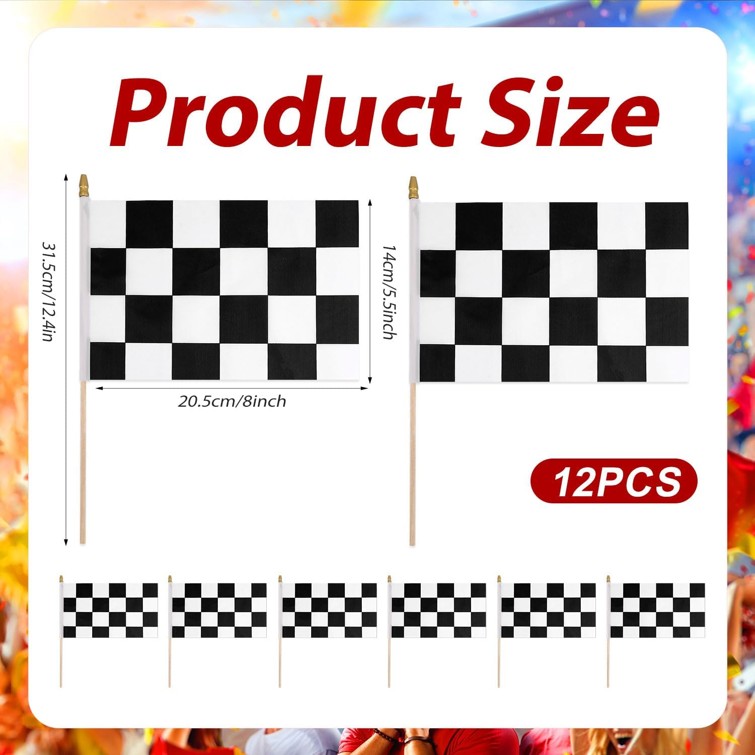 12Pcs Racing Flags, 8X5.5In Checkered Flags on Sticks with Spear Top Handheld Black and White Flags Reusable Checkered Stick Flags for Party Decorations image number 6