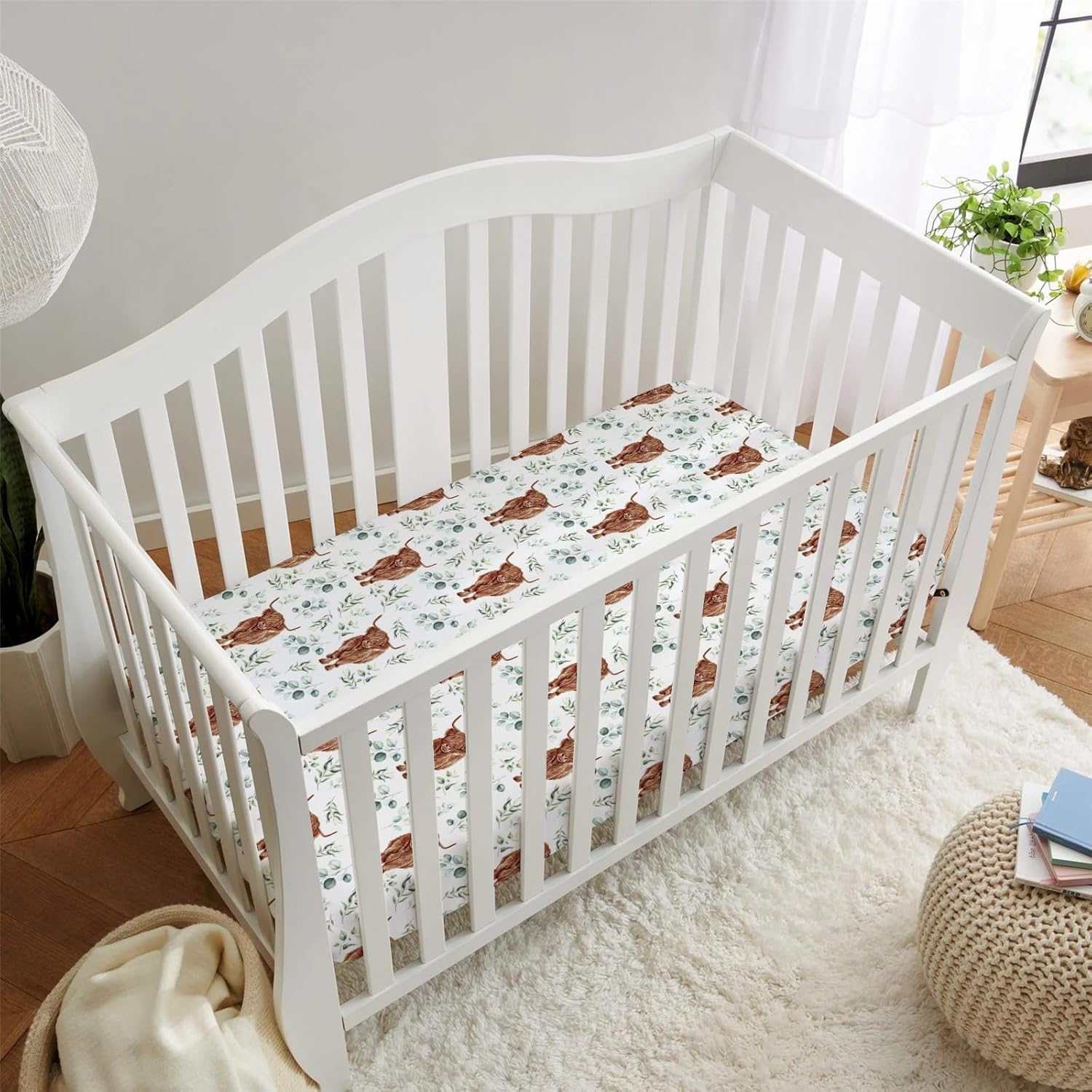 Hawskgfub Highland Cow Eucalyptus Leaf Fitted Standard Crib Sheet for Baby Boy Girl, Neutral Western Farm Animal Yak Toddler Mattress Cover, Soft Stretchy Nursery Bed Sheets Decor Kids Gift 52" X 28"