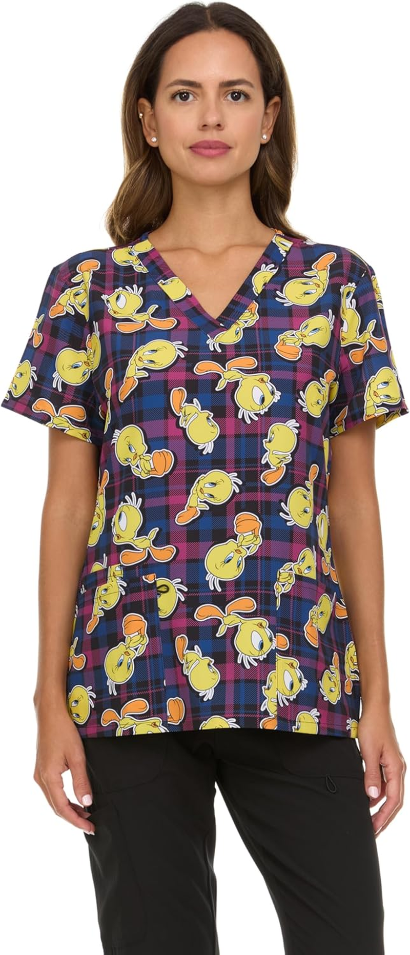 COCO BRANDS Looney Tunes Women'S All over Print, V-Neck Scrub Top with Pockets - Comfortable Work Uniform