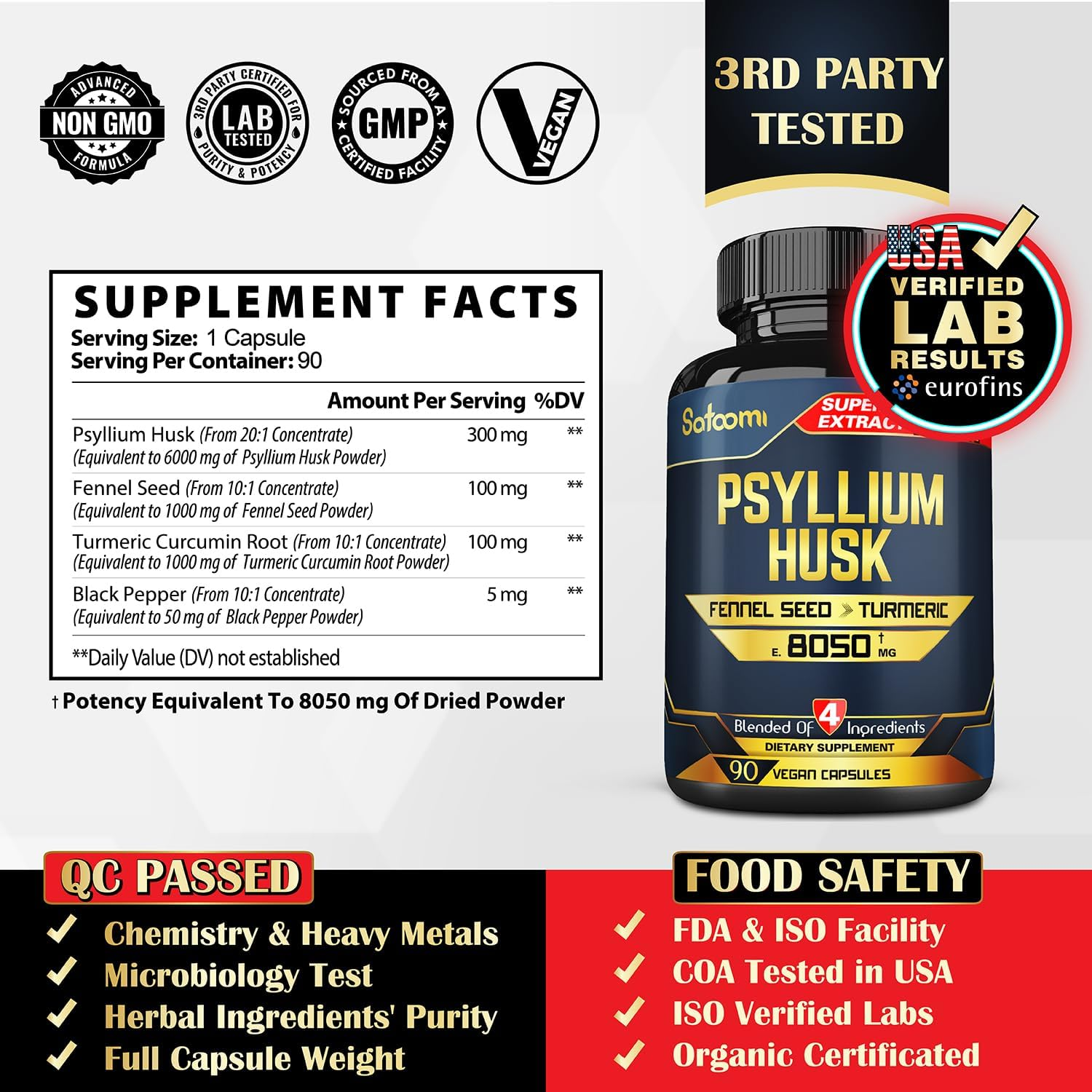 SATOOMI Psyllium Husk Capsules - 4 Powerful Natural Ingredients with Fennel, Turmeric Blend & Black Pepper - 90 Vegan Count for 3 Months image number 4