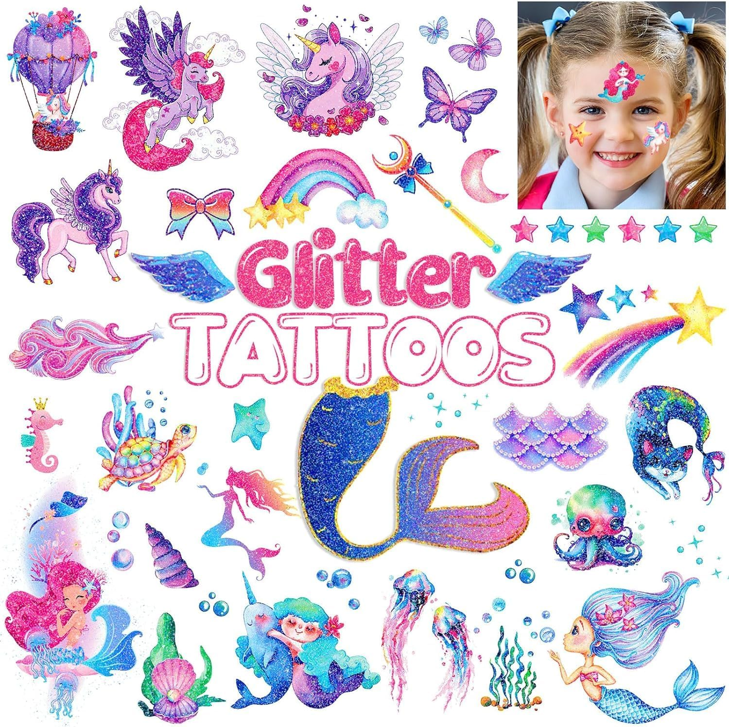 Unicorn Temporarys Tattoos for Kids, Glitter Temporary Tattoos for Girls - 12 Sheets Glitter Temporary Tattoos for Girls Birthday Party Favors Goodie Bag Fillers image number 5