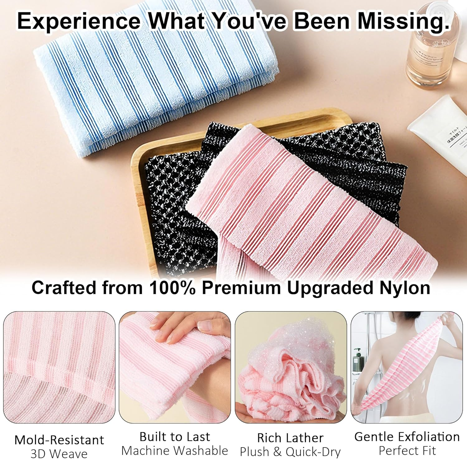 4PCS Exfoliating Shower Towel, African Net Sponge, Exfoliating Body Scrubber, Long Washcloth Back Body Shower Towel for Men Women