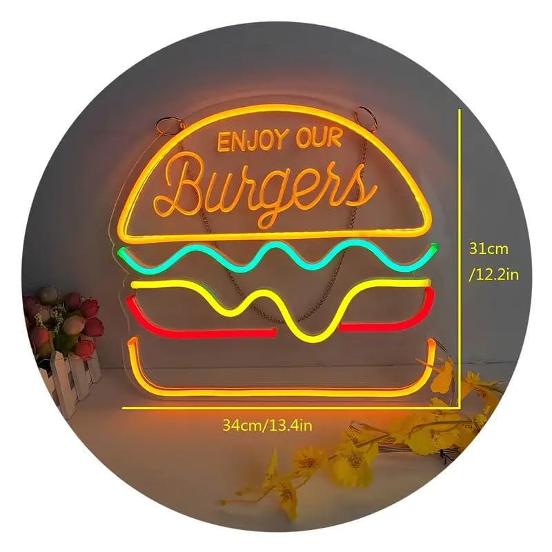 Hamburger Neon Sign with Dimmer Switch for Restaurant Shop Snack Bar Pub Burger Neon Lights for Home Bar Restaurant LED Food Lighting Wall Decoration image number 4