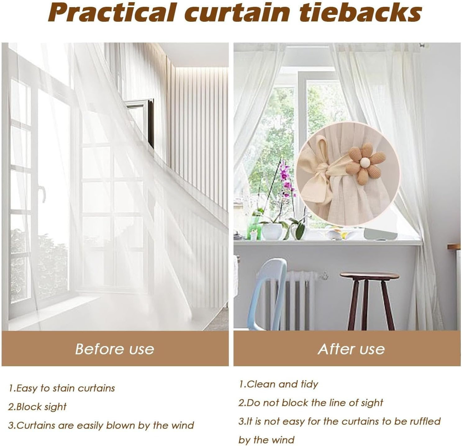 Shengsenfu 4 Pcs Boho Flower Curtain Tiebacks, Daisy Curtain Hook Set, Cute Sunflower Curtain Holders, Decorative Rope for Bedroom Draperies Decor, Cotton Holdbacks for Indoor & Outdoor Drapes Decor image number 3