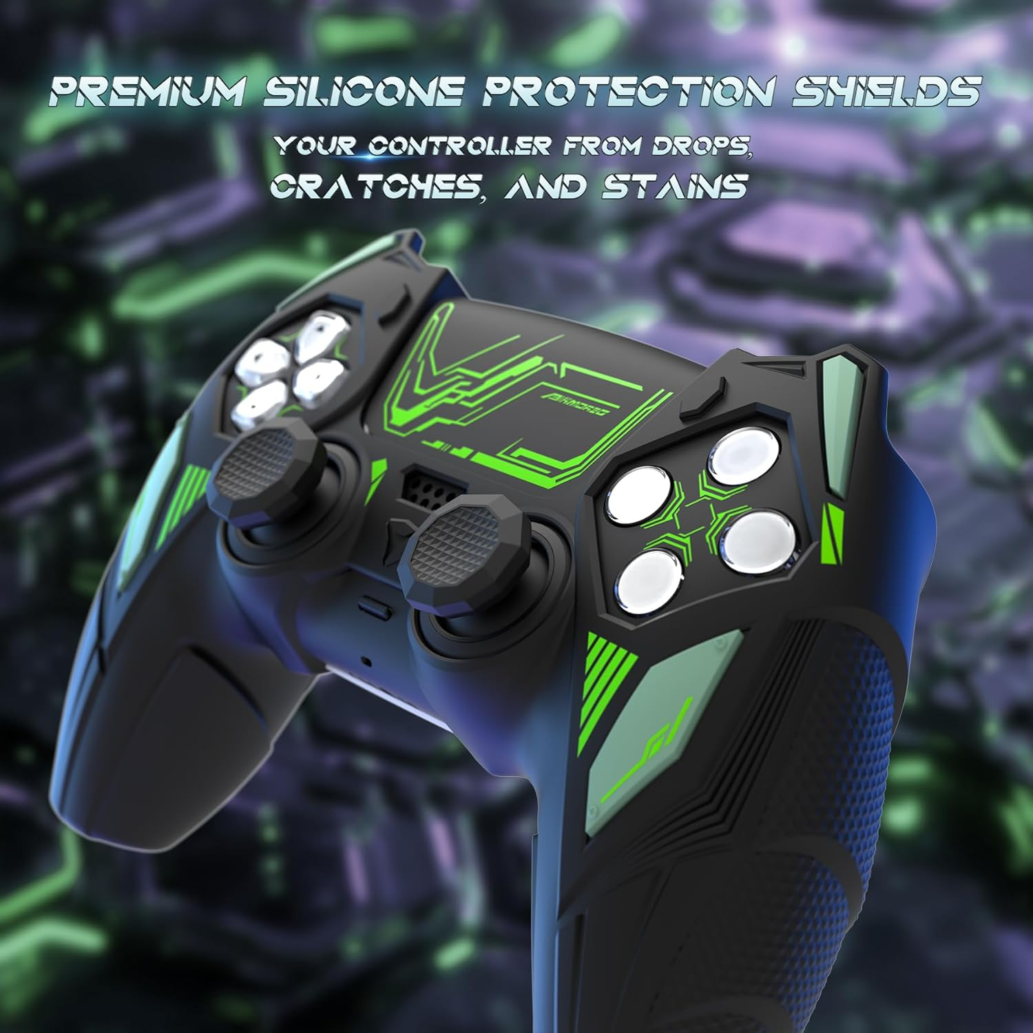Playvital Mecha Rhino Silicone Cover for Ps5 Controller with Thumb Grips & Stickers, Anti-Slip Controller Grip Skin Accessories Compatible with Ps5 Charging Station - Black & Green image number 1