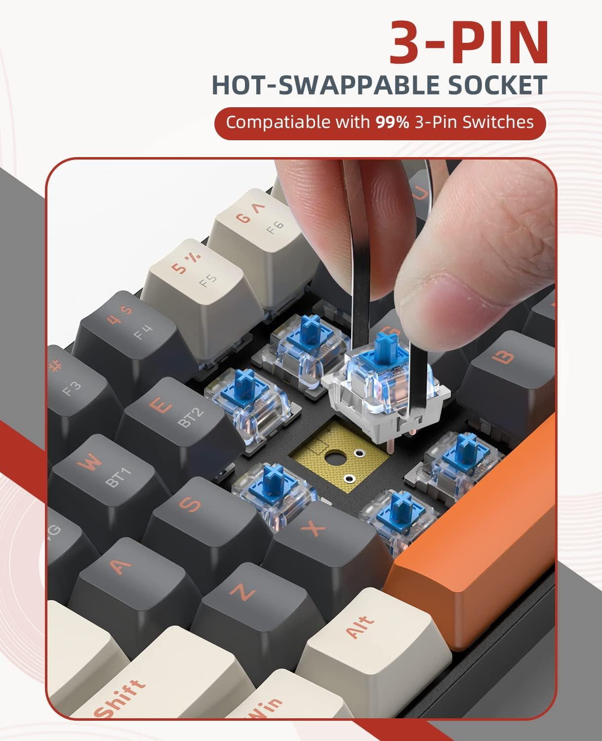 ZIYOU LANG RK68 60% Wireless Mechanical Keyboard, Bluetooth 5.0/2.4Ghz Dual Mode 2-In-1 USB-C Receiver Mini Mechanical Keyboard, Hot Swappable Red Switch Gaming Keyboard for Pc/Mac/Laptops image number 4