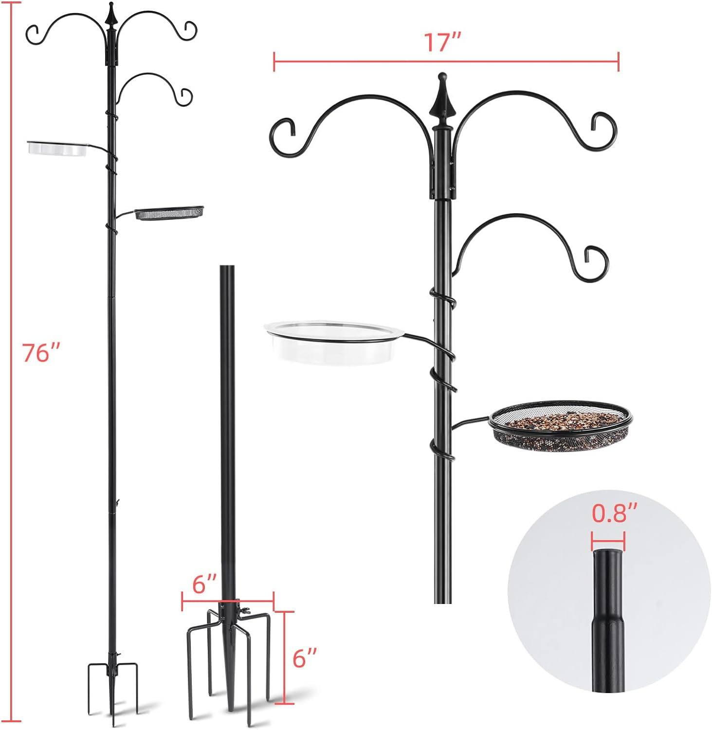 Bird Feeding Station Kit - 77" Bird Feeder Pole with 5 Prong Base, Wild Bird Feeder Stand for Outdoors Hanging Bird Feeders - Black image number 4