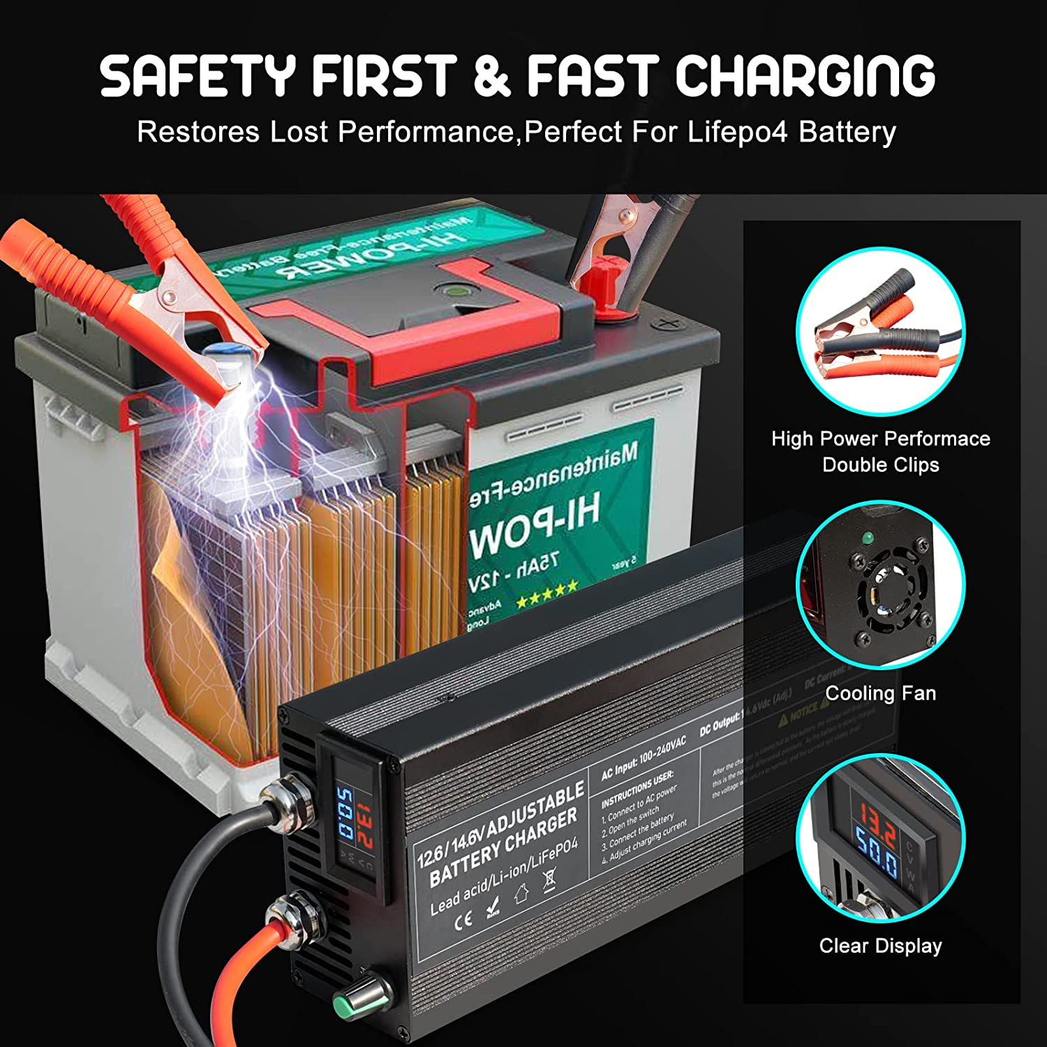 Battery Charger 14.6V 50A Lifepo4 Battery Charger Smart Maintainer Adjustable Current Portable Power Adapter for 14.6V Lifepo4 Lithium Iron Rechargeable Battery (50A) image number 6