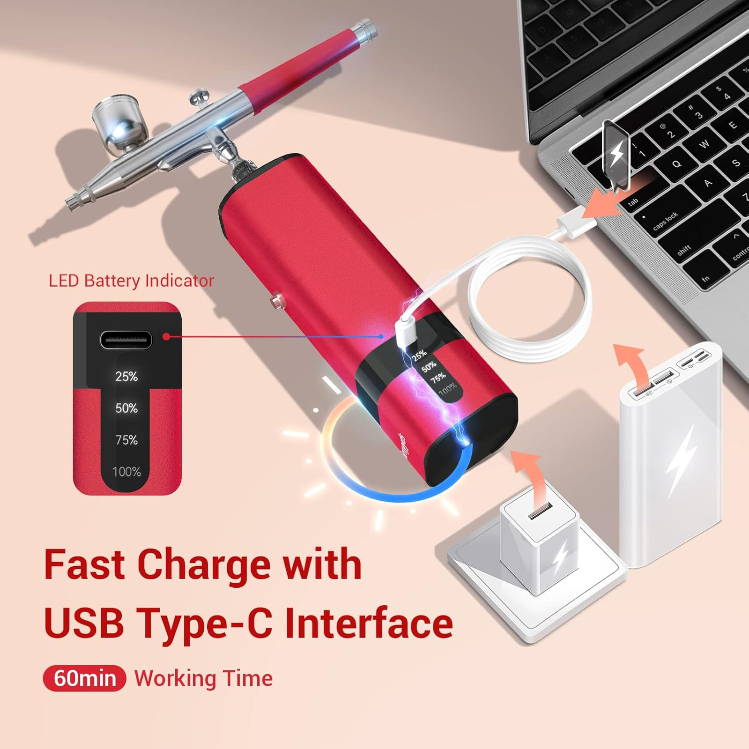 Imyyds Airbrush Kit with Compressor, 32PSI High Pressure Cordless Airbrush Gun, Portable Dual Action Airbrush Compressor Set, Handheld Mini Rechargeable Air Brushes for Painting, Model, Nail, Makeup image number 2