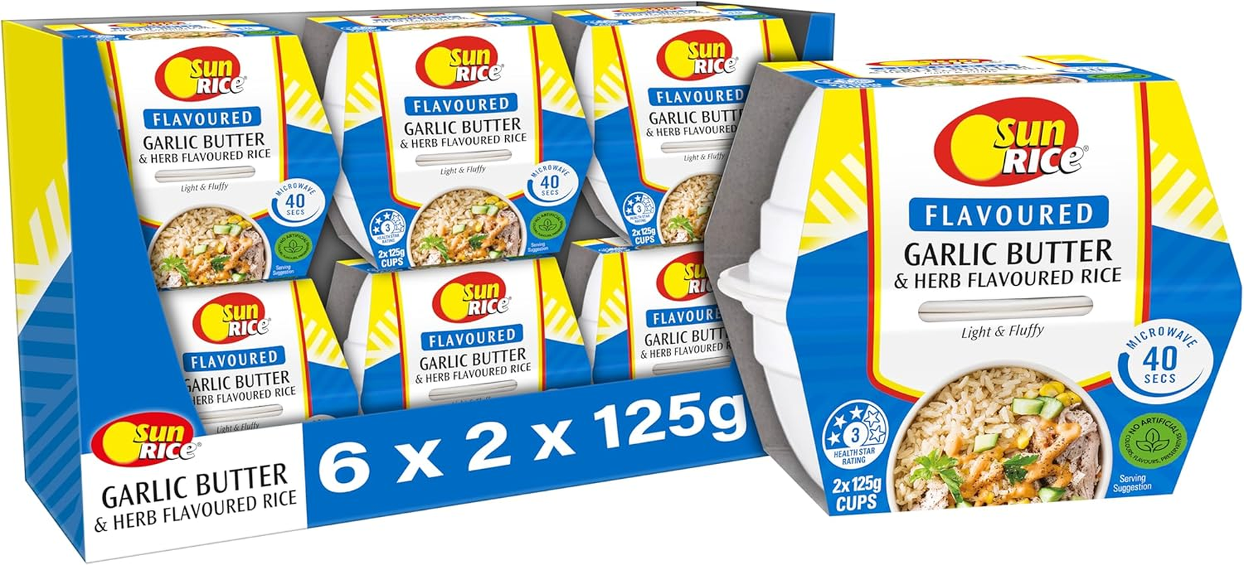 Sunrice Microwave Garlic Butter & Herb Flavoured Rice Cups 6X 2X125G image number 1