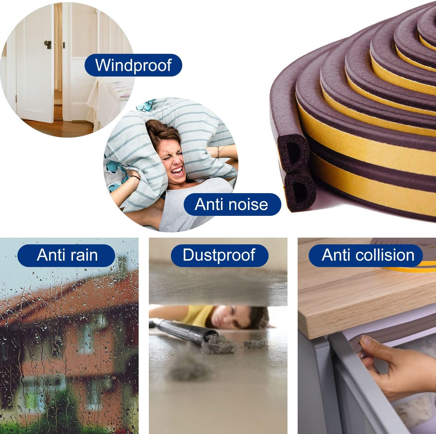 2 Rolls Door Weather Stripping Door Seal Strip Self Adhesive Foam D Type Door Seal Strip for Doors and Windows Gaps 20 Feet Brown image number 5