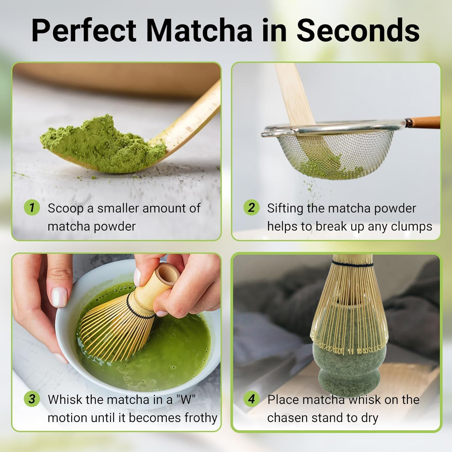 Premium Matcha Whisk Set for Japanese Tea Ceremony | 5-Piece Kit with Bamboo Whisk (Chasen), Scoop, Spoon & Steel Sifter | Authentic Traditional Tea Tools | Classic Green Design image number 2