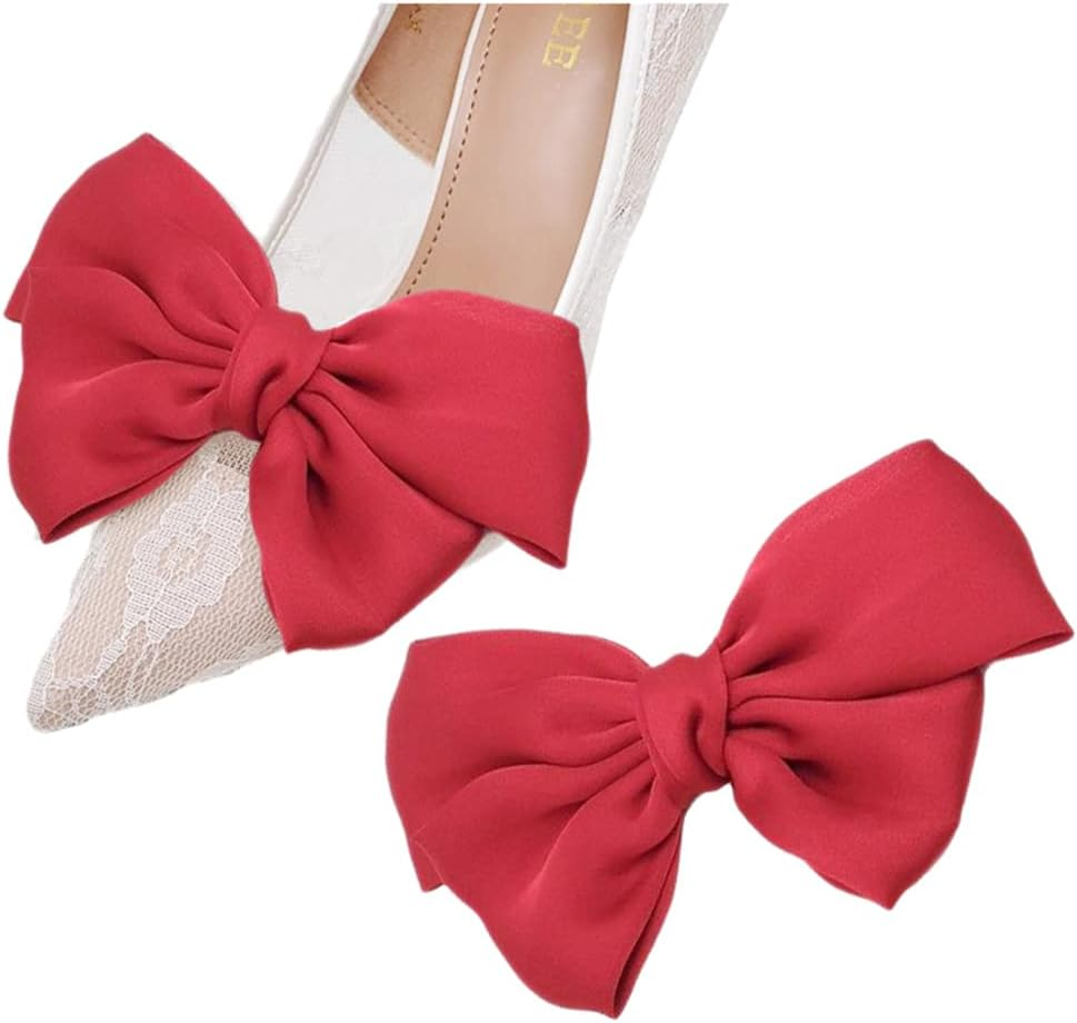 Tsangbaby Satin Bow Shoe Clips Dots Solid Color Shoe Clips Removable Shoe Clips Elegant Wedding Party Shoe Buckle Bag Clothing Hair Accessories for Women Girls 2 Pcs image number 2