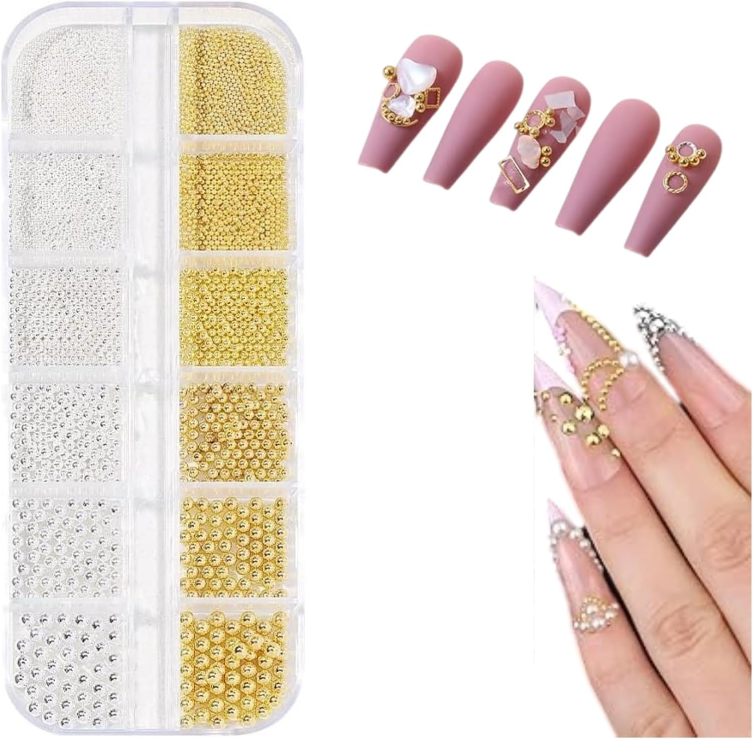 CKONXE Mini Metal Nail Beads Set, 0.8-3.0Mm, for Women Manicure Charm Beads, Gold Silver Bead Nail Art, DIY for Nail Art, Mobile Phone Cases, Wedding Dresses, Cards, Scrapbooks, Birthdays, Christmas Party Decorations