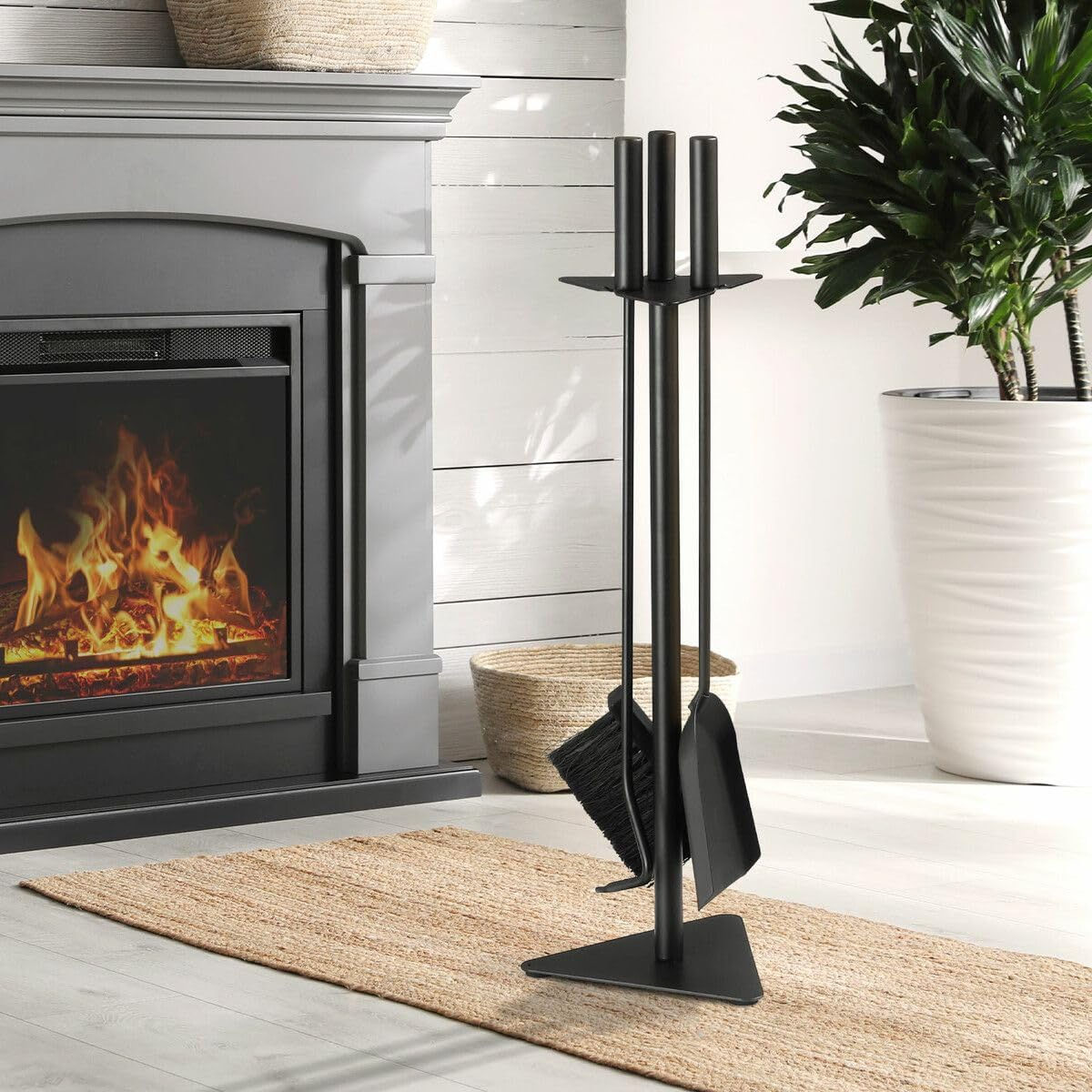 4PCS Fireplace Tool Set Firepit Accessories Poker Fire Shovel Brush Stand Black Cast Iron image number 2