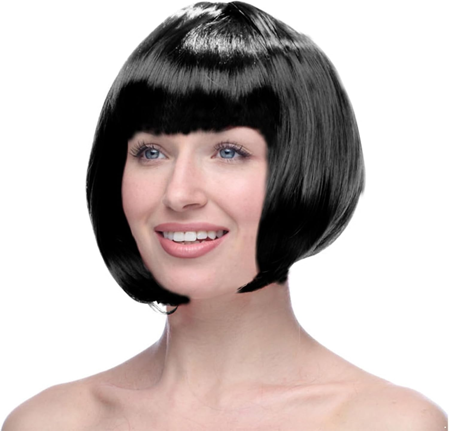 FEESHOW Short Straight Bob Wig with Flat Bangs Synthetic Hair for Women Girls Cosplay Costume Party Fashion Hairpiece Brown One Size