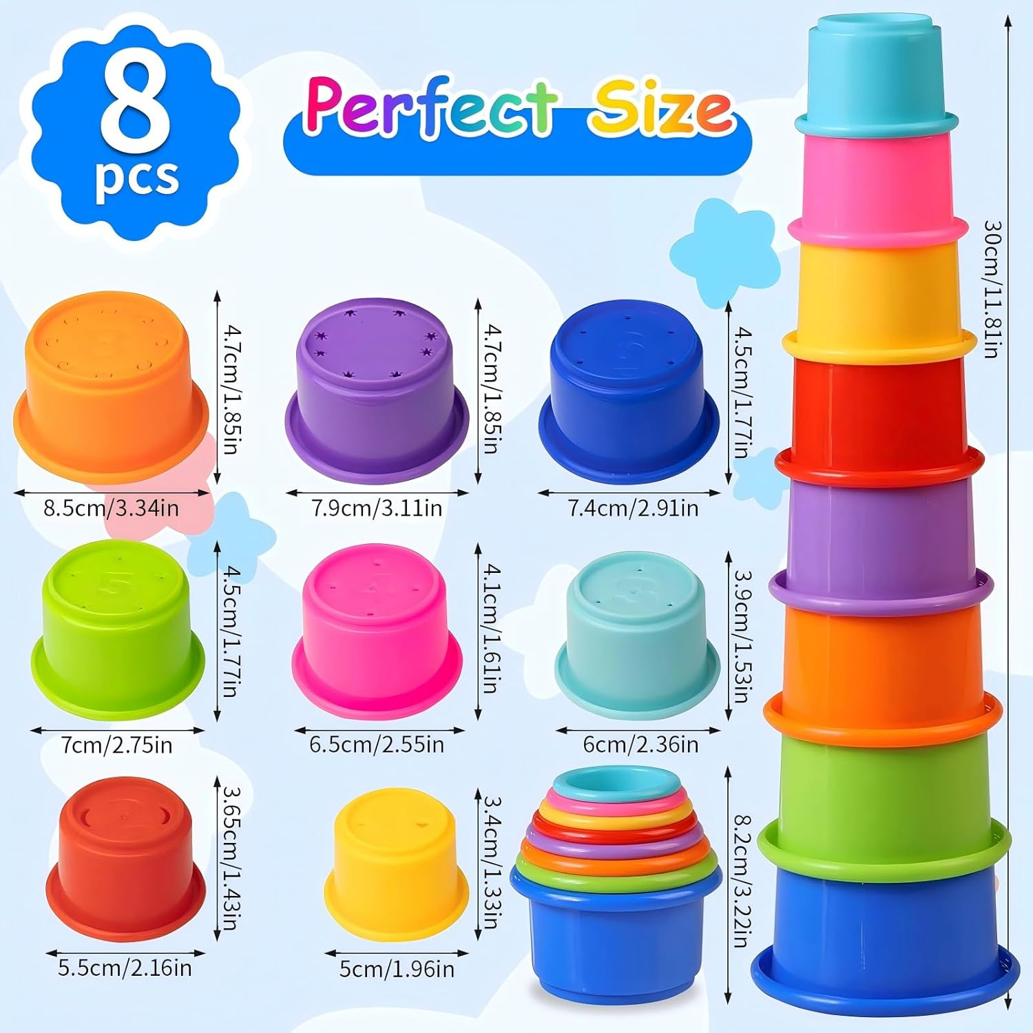 Stacking Cups, Toys for Toddlers 1-3 Year Old Stack and Count, Colorful Baby Stacking Water Set, Stackable Cups for Learning, Toddler Water Table Toy, Baby Bath Toy, Toddler Cup Toys (8 Count) image number 5
