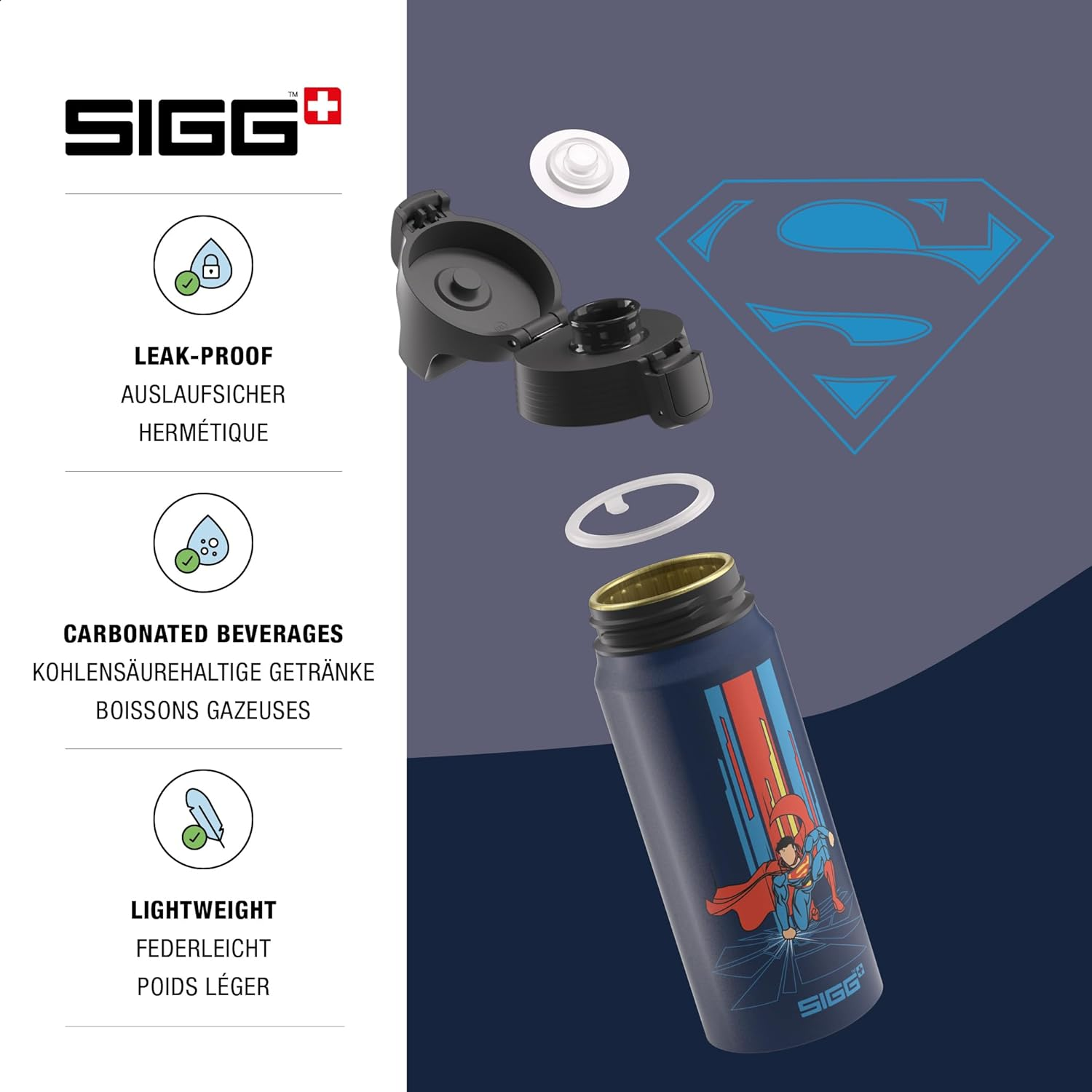 SIGG - Aluminium Water Bottle for Children - WMB ONE Superman Blue - Suitable for Carbonated Drinks - Leak-Proof - Feather-Light - Bpa-Free - Climate Neutral Certified - Sports & School - Blue - 0.6 L