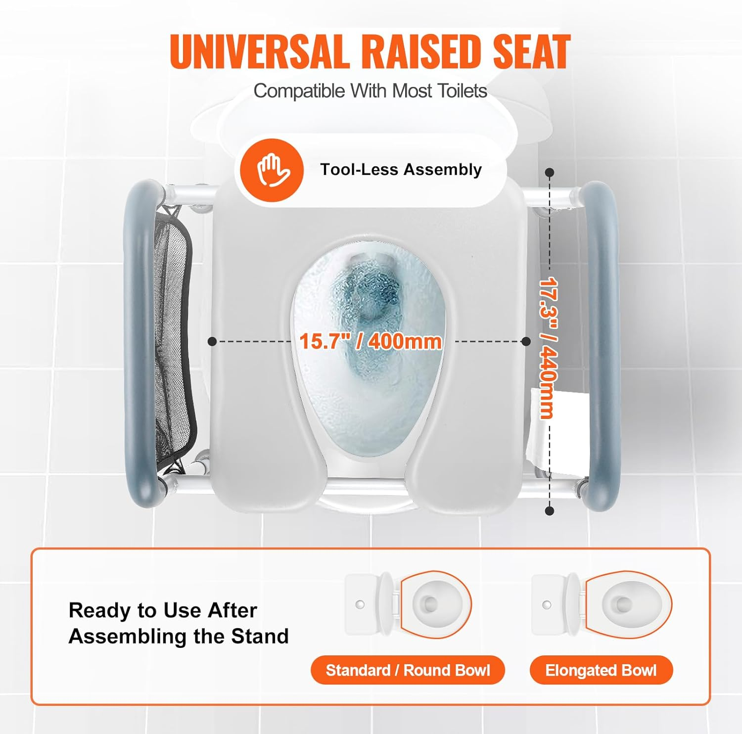 VEVOR Raised Toilet Seat, 7-Position Height Adjustment 655-805 Mm, 158.7 Kg Weight Capacity, with Comfort Padded Aluminum Frame, Universal Toilet Seat Riser, for Elderly, Handicap, Pregnant, Medical