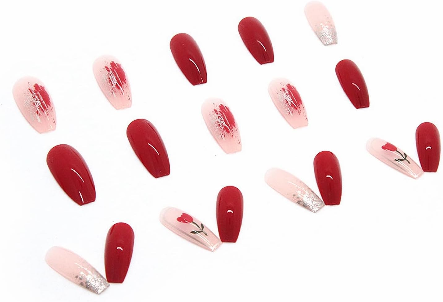 RYUUSEI Long Coffin Press on Nails Ballerina Nails Matte Fake Nails Red False Nails Acrylic Full Cover Glue on Nails Flower Acrylic Nails with Design for Women and Girls