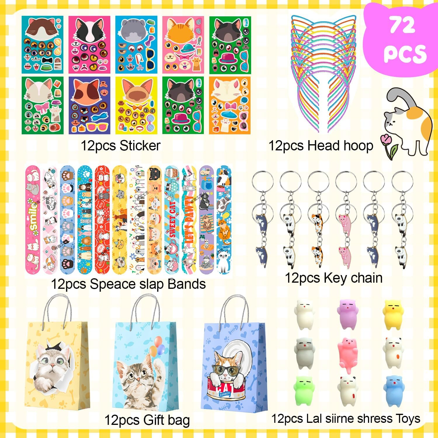Cat Party Favors, 72Pcs Kitty Party Favors Set Including Cat Goodie Bags Ears Headband Stickers Keychains Slap Bracelets Etc Cat Themed Party for Birthday Decorations Supplies image number 1