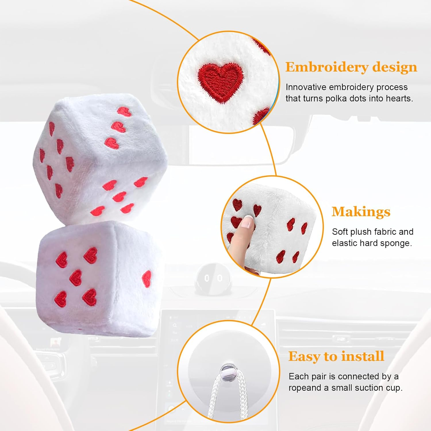 Ziciner Pair Fuzzy Plush Dice for Car Mirror, 3'' Retro Square Dice with Heart-Shape, Universal Auto Rearview Mirror Hanging Ornament Decoration, Vehicle Interior Accessories for Women (White) image number 3