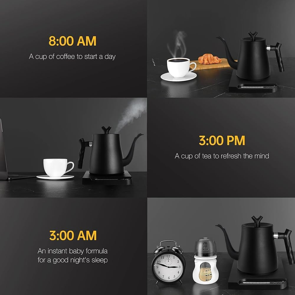 Electric Kettle, 1000Ml Electric Gooseneck Kettle, Smart Electrickettle Hand Brew Coffee Pot with 7 Temperature Control Presets, Stainless Steel Long Mouth Kettle, Auto Shut Off,1000W Quick Heating image number 6