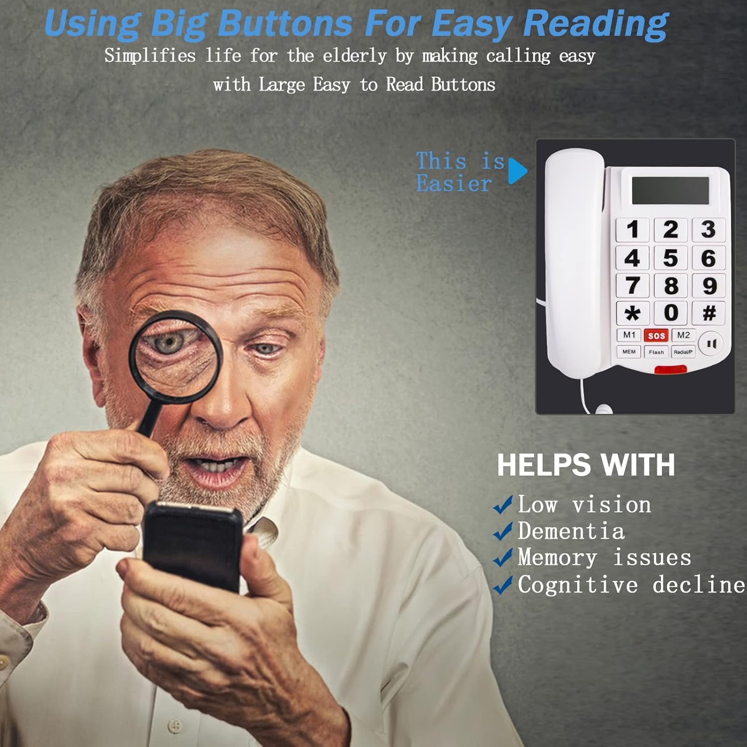 Big Button Landline Phone for Seniors, Elderly, Caller ID, Extra Loud Ringer, Indicator Light, SOS Emergency Corded Telephone for Hearing and Visually Impaired image number 2