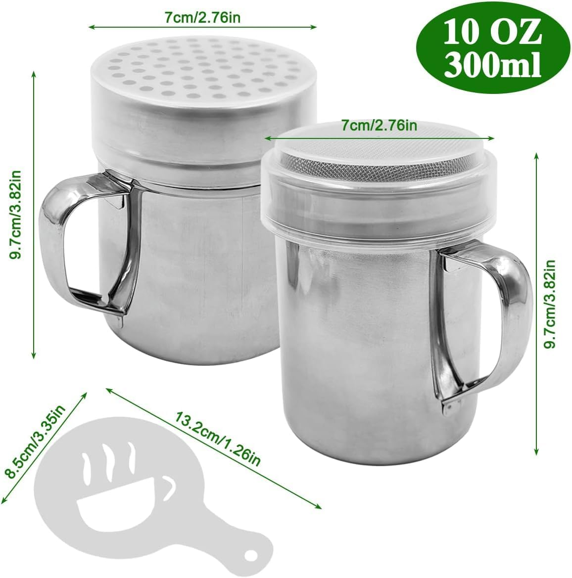 Sugar Bowl Duster with Handle, 2 Pieces Stainless Steel Powder Bottles for Sugar Pepper Cinnamon Flour with Printed Mold Template Fine Large Grid image number 1