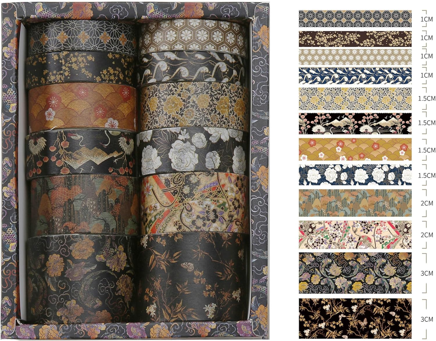 KAVI' S 12 Rolls Kyoto Charm Washi Tape Set Japanese Arts Adhesive Tapes Geometric Garden Decorative Masking Tape Sets for Craft, Kids, Scrapbook, DIY, Gift Wrapping (Black Elegance) - Black Elegance image number 6
