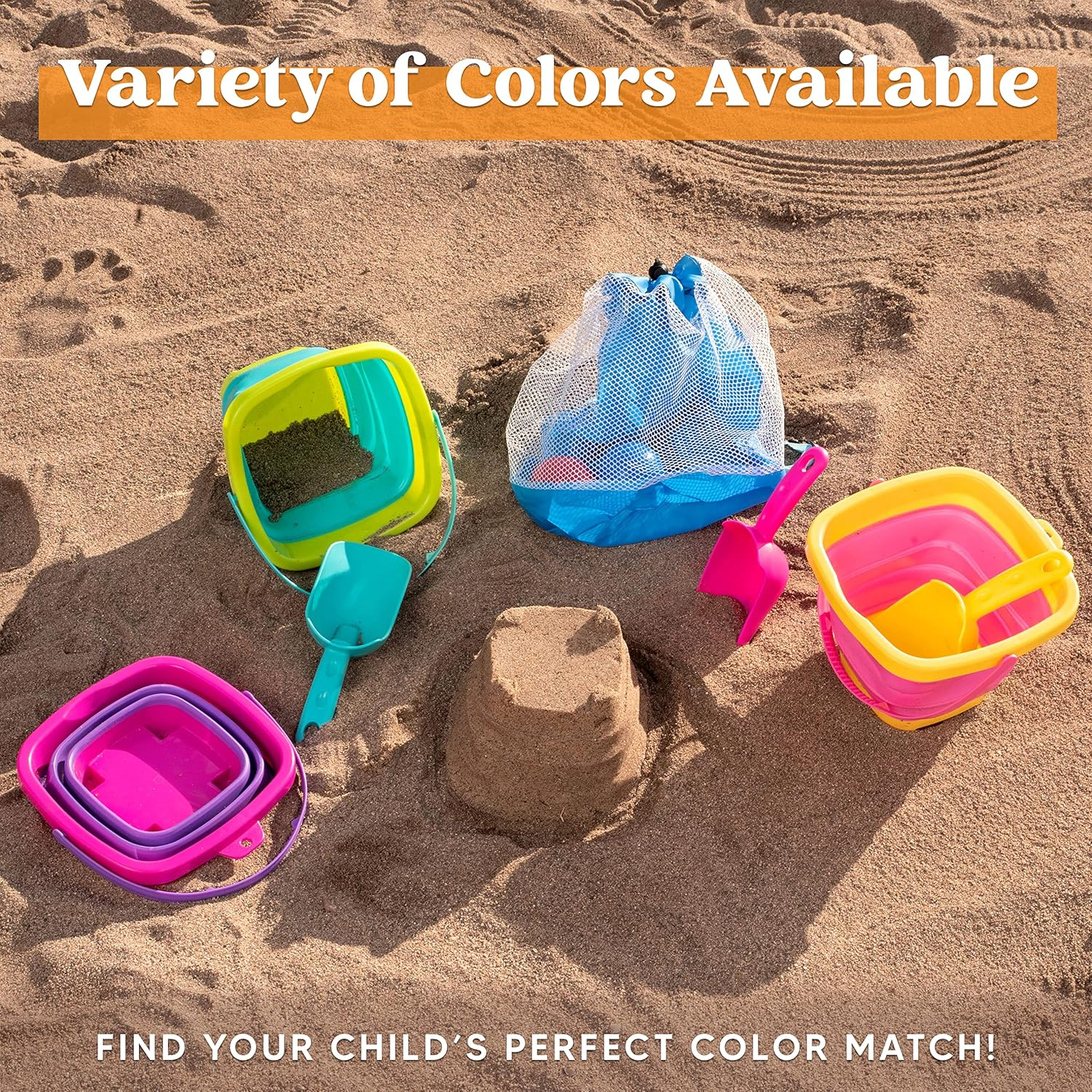 Sloosh 3 Packs Beach Bucket - Collapsible Bucket with Sand Shovels and Mesh Backpack for Kids Toddlers Beach Toys, Easter Egg Hunt, Camping, Travelling and Fishing Water Pail image number 5