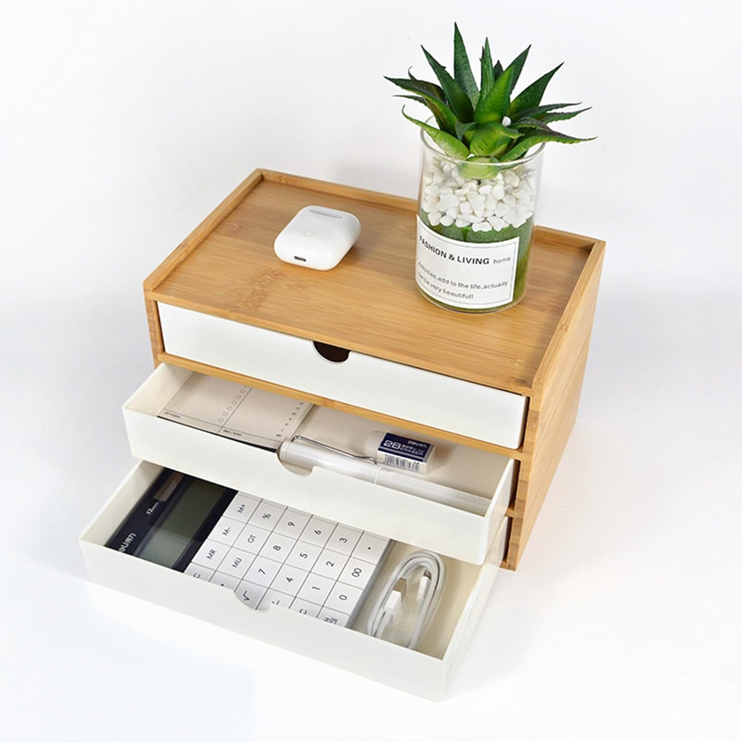 Office Desk Organizer with Drawers - Bamboo Desktop Organizer Storage,White Desk Drawers Organizer Desk Accessories No Assembly Required image number 3