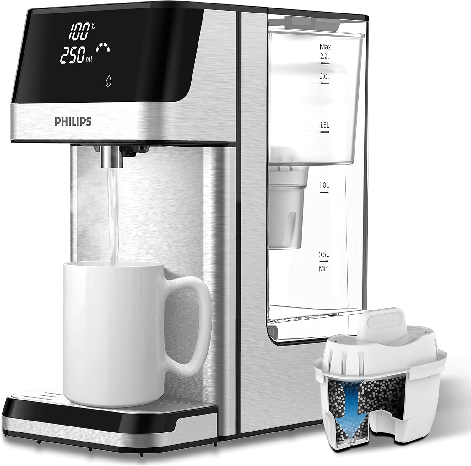 Philips Water Station Dispenser for Filtered Hot Water 6 Temperature Presets Touch Screen Reduces Chlorine Limescale Heavy Metals Microplastics and PFOA 2.2L Capacity image number 1