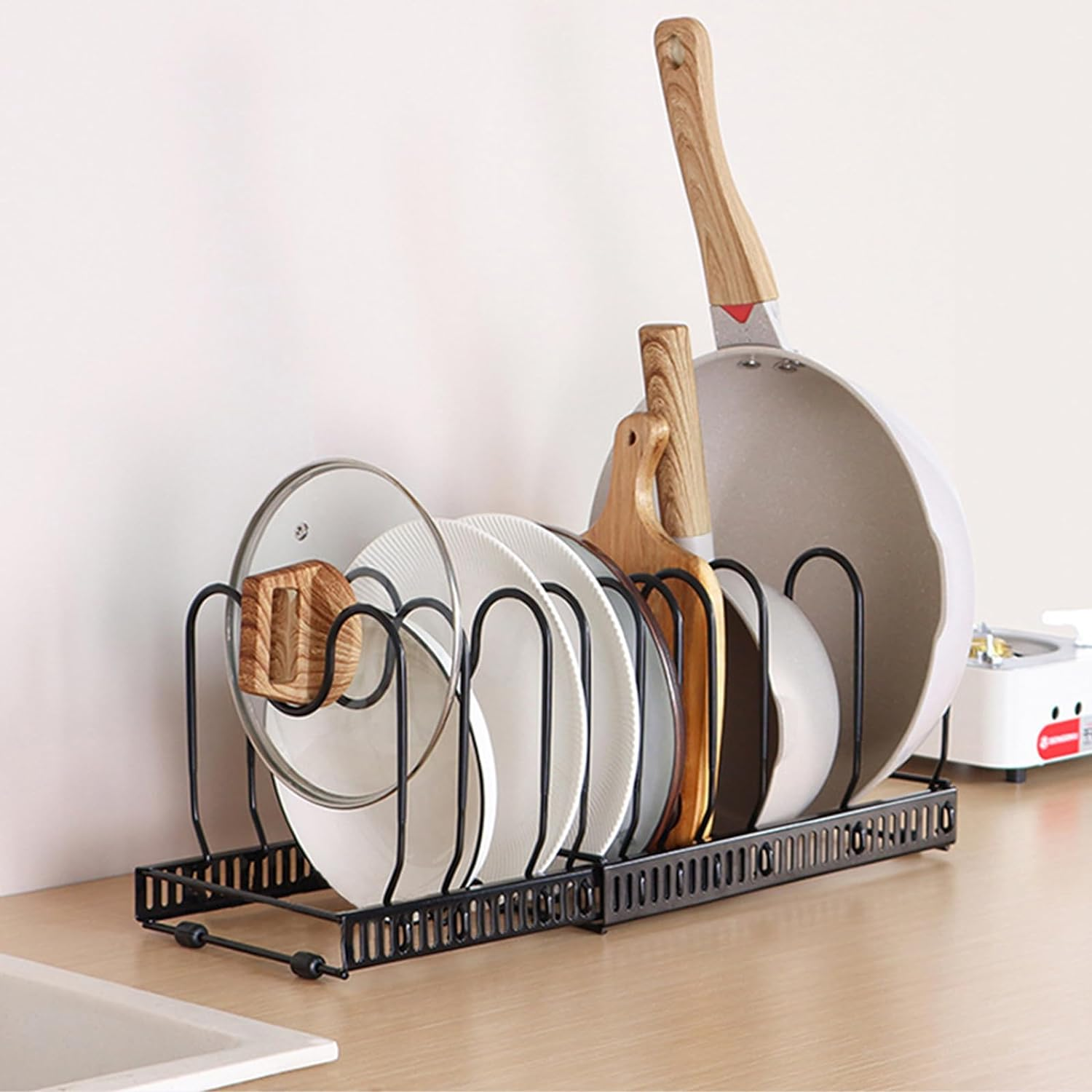 Expandable Pans Organizer Rack,10 Adjustable Compartments Pot Rack Organizer Bakeware Lid Organizer Rack Holder for Kitchen Cabinet Pantry Restaurant,Black image number 4