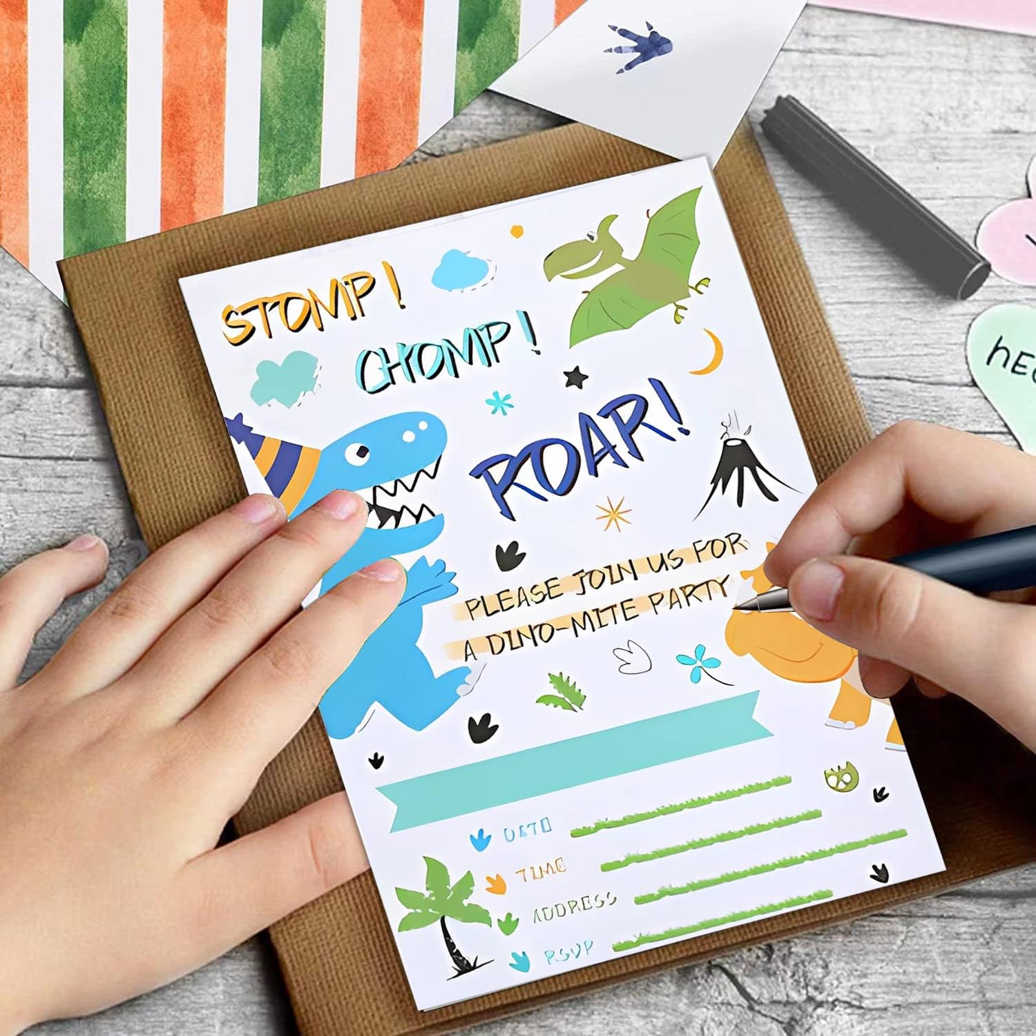 Dinosaur Party Invitation Cards -10 Sets Fill-In Invitations with Envelopes Dino Party Supplies for Boys Birthday Invites Double-Sided Printed Eco-Friendly T-Rex Cards image number 1