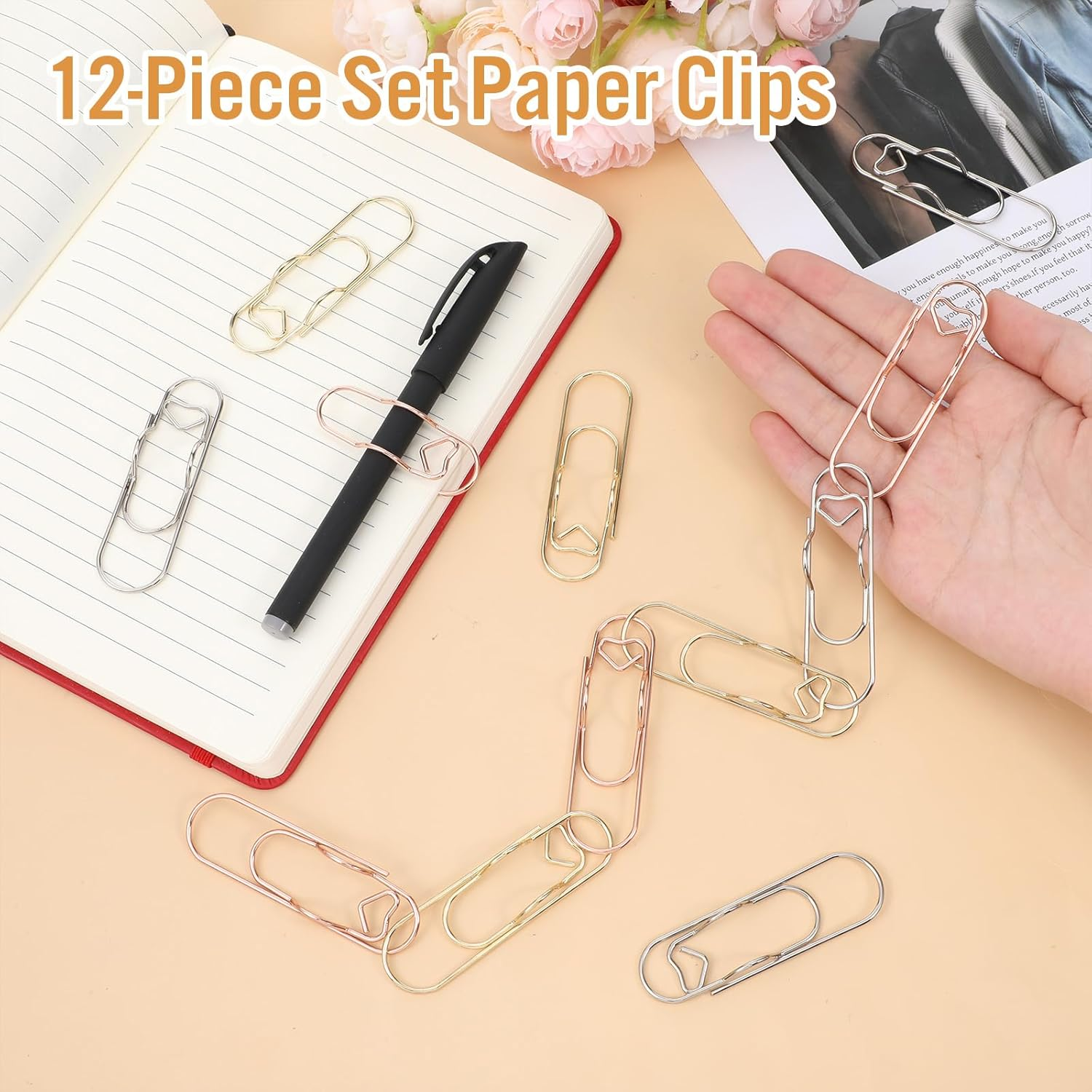 IANFAN 12 Pcs Metal Pen Clips for Notebook, 2.8 Inch Paper Clip Pen Holder for Notebooks Papers Planner Jumbo Office Supplies, Gold/Red/Silver Heart Shape