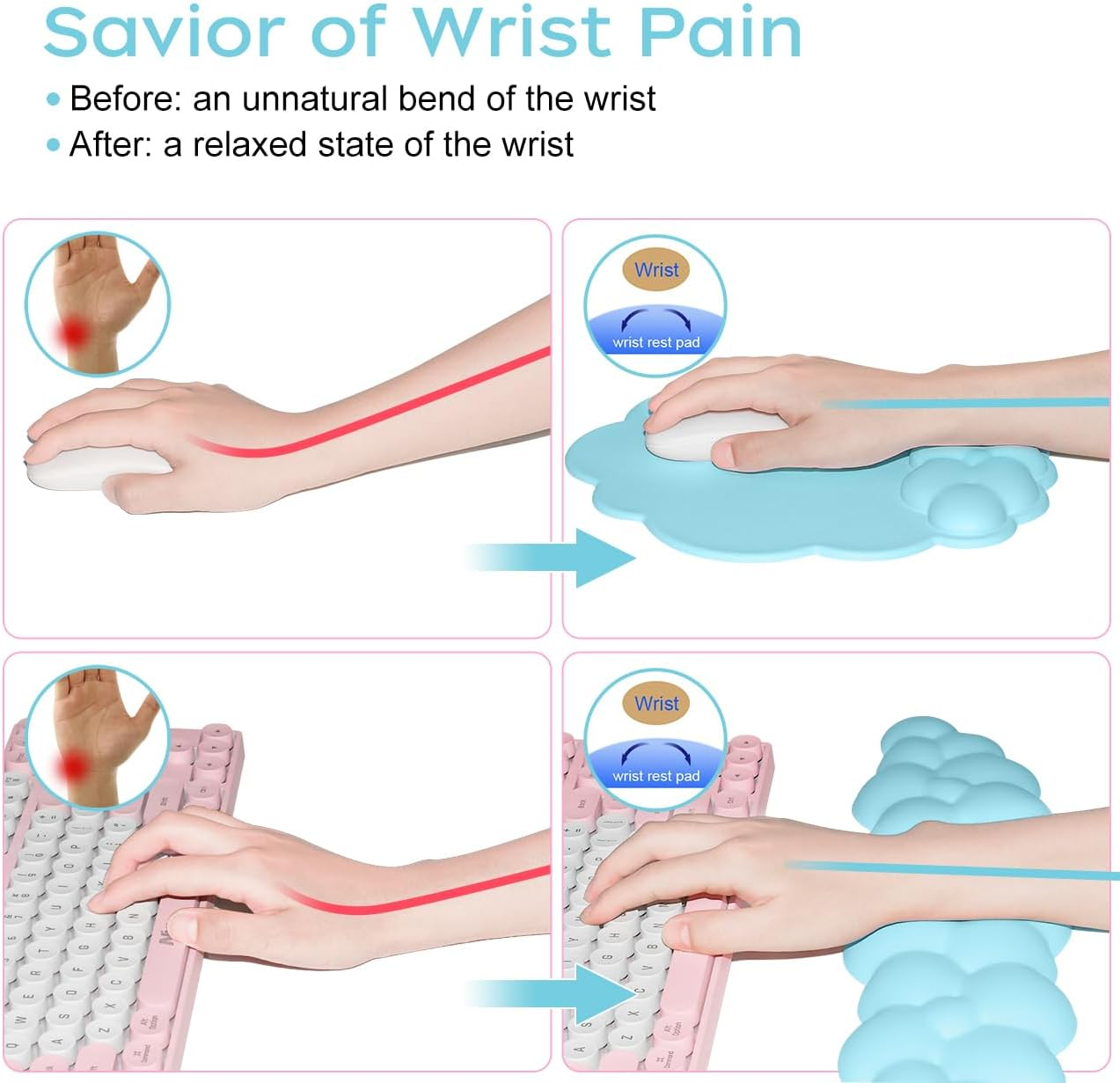 JIKIOU Cloud Mouse Pad Wrist Support, Upgrade Enlarge Leather Mouse Pads Keyboard Wrist Rest, Comfortable Memory Foam Wrist Rest for Computer Laptop Mac Gaming Office and Pain Relief Blue - 01White image number 6