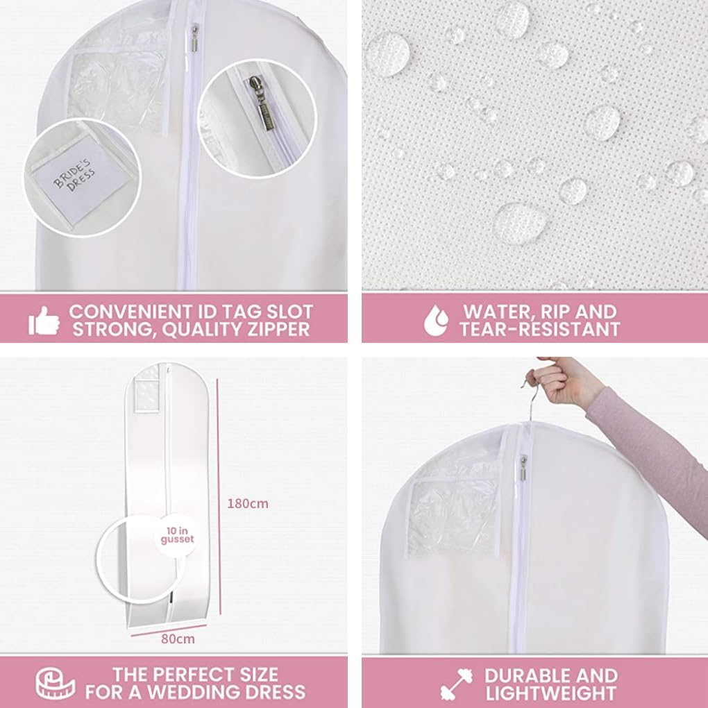 Vivva Garment Bag in White 180Cm for Wedding Dresses Bridal Dresses Evening Dresses Breathable Dress Cover