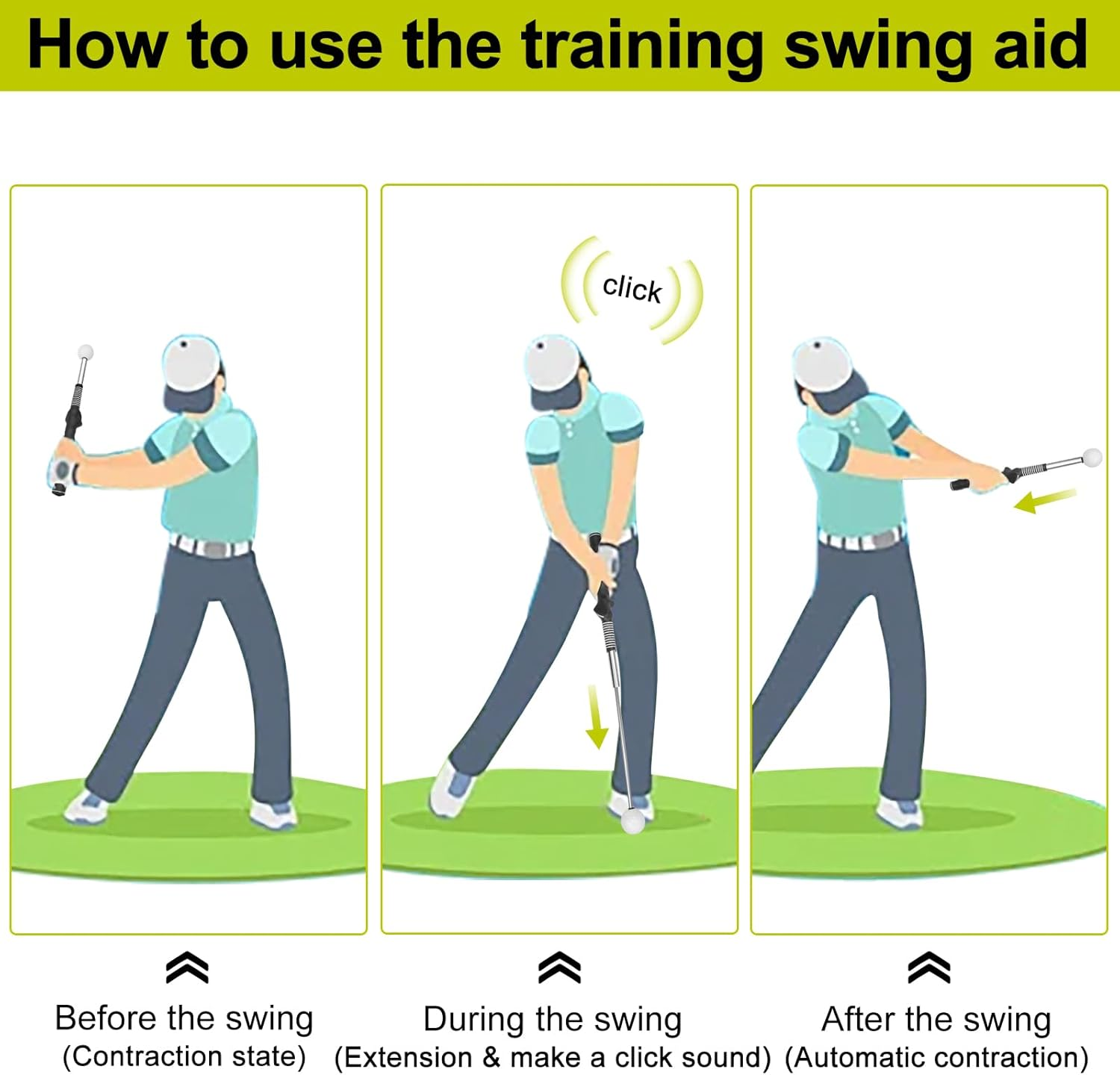 Retractable Golf Swing Aid for Golf Speed Training, Rhythm Click Golf Swing Trainer for Indoor Golf Practice & Outdoor Warm Up, Right-Handed Golf Grip Trainer for Improving Hitting Strength & Tempo