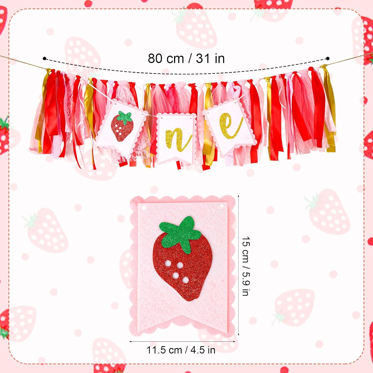 Strawberry One Birthday High Chair Banner, Cute Strawberry First Birthday Banner Sweet One High Chair Banner Strawberry First Birthday Decorations Photo Prop for Kids image number 6