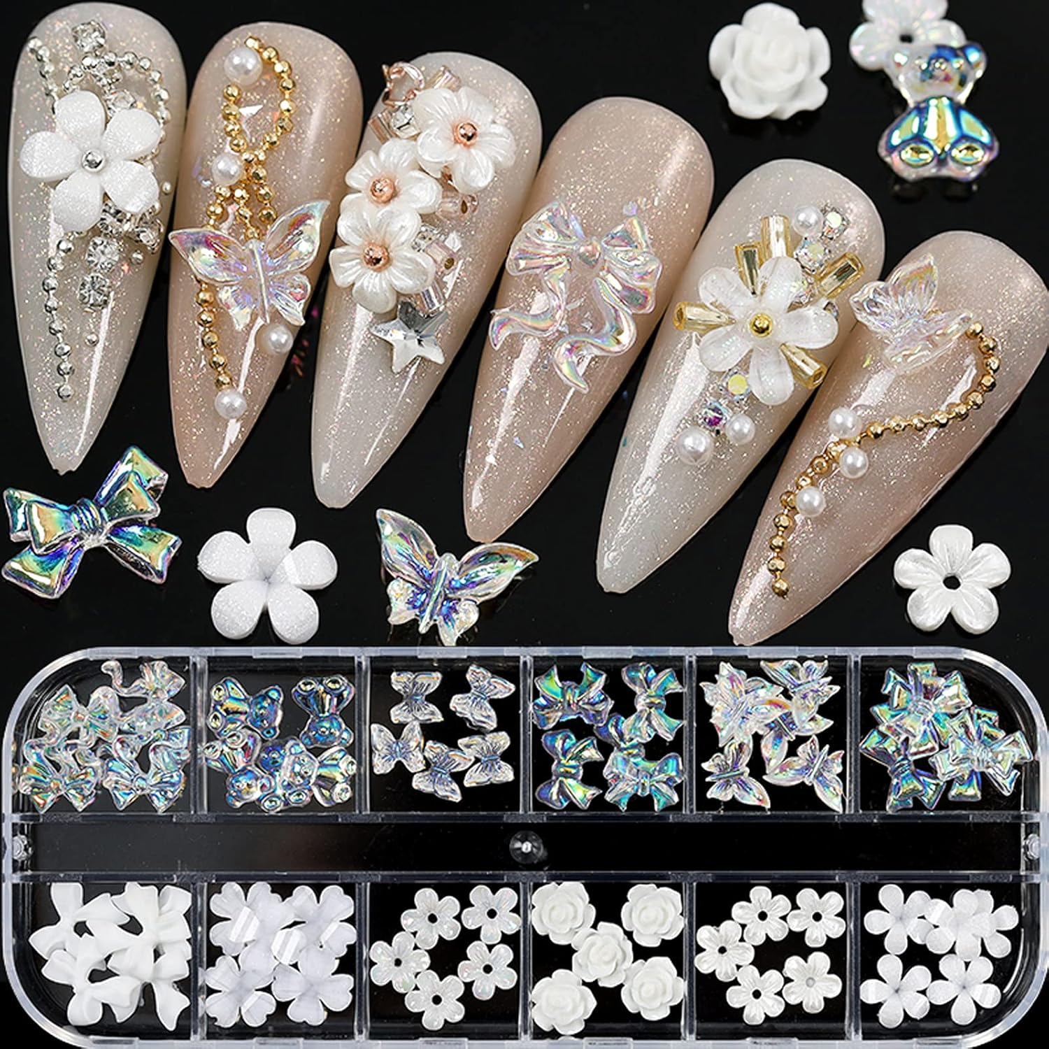 NAFIGO 3D Acrylic Butterfly Flowers Bear Nail Charms Art 3D, AB Crystal Rhinestones Multi Shapes Pearl Gold Metal Art, Decal Jewelry Accessories DIY Crafting, 2 Piece Set image number 5