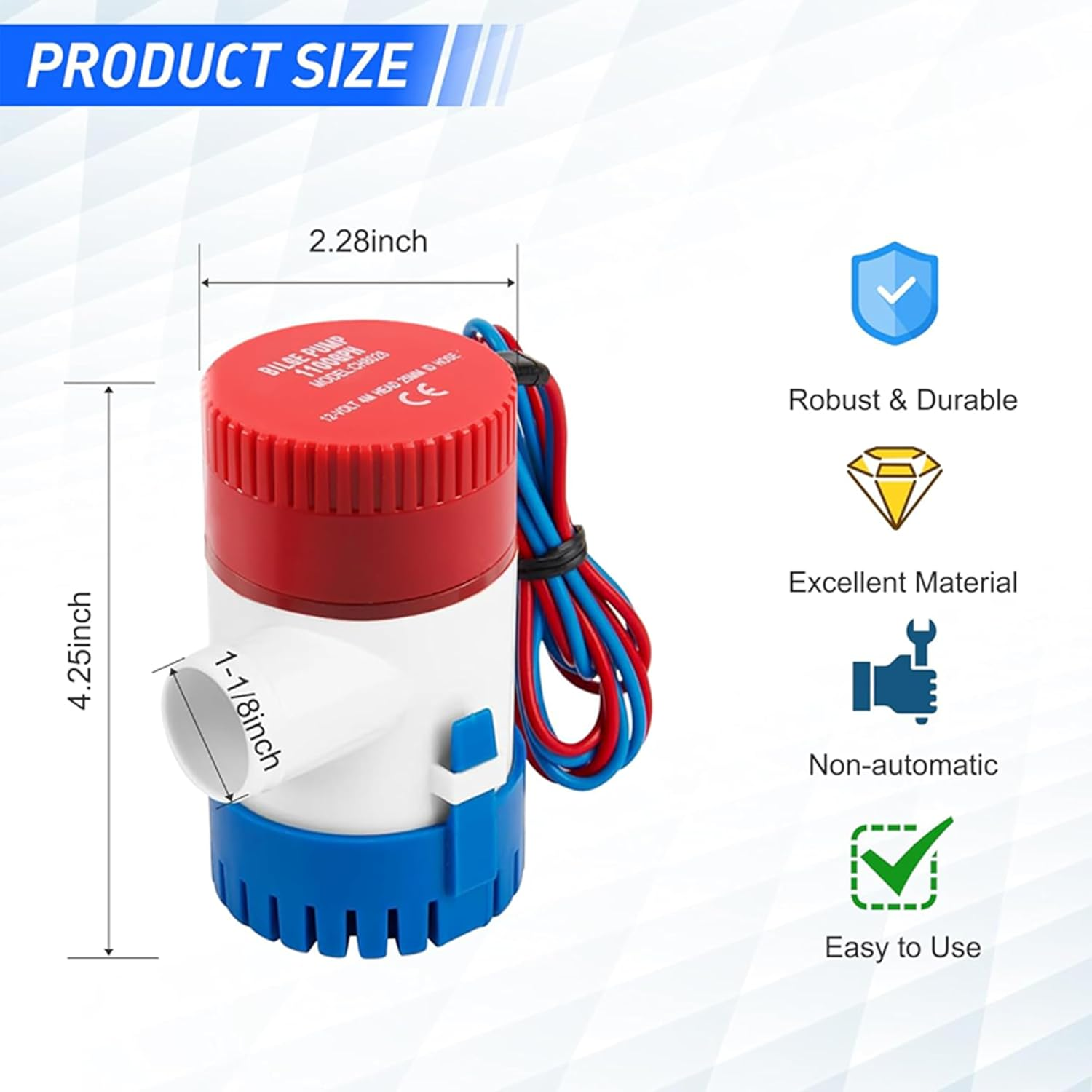 Bilge Pump Kit,Submersible Boat Bilge Water Pump 12V 1100Gph with 6FT PVC Bilge Pump Hose,2 Clamps,Thru-Hull Fitting,For Ponds,Pools,Spas Silent,Boat Caravan RV Submersible image number 6