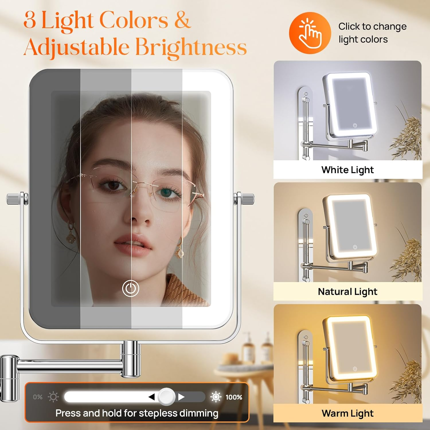 Gospire Height Adjustable Wall Mounted Lighted Makeup Mirror with Hooks, 3000Mah Rechargeable with 1X/10X Magnification, 3 Light Colors and Stepless Dimming for Bathroom image number 3
