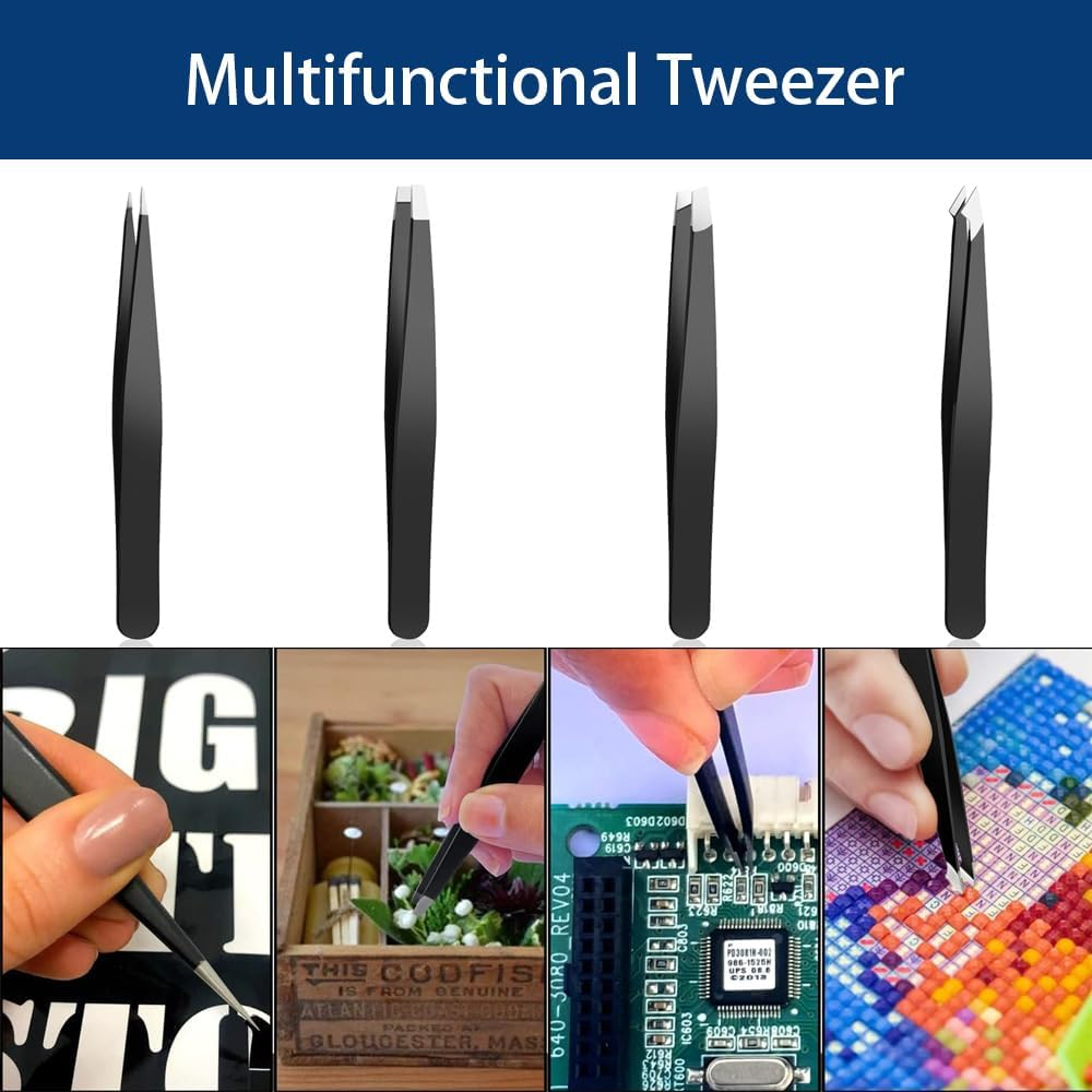 Tweezer Set for Man Women,Precision Tweezers for Facial Hair Eyebrow Chin,4Piece Stainless Steel Tweezers(Black). - Black image number 4